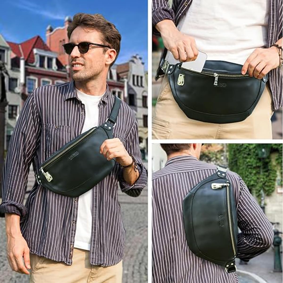 Hombre Bolsa de Pecho Bandolera de Cuero Genuino, Vintage Riñonera con Cinturón Ajustable y Cierre Antirrobo, Mochila Hombro Informal Bolsa de Cintura para Viajes Ciclismo Senderismo