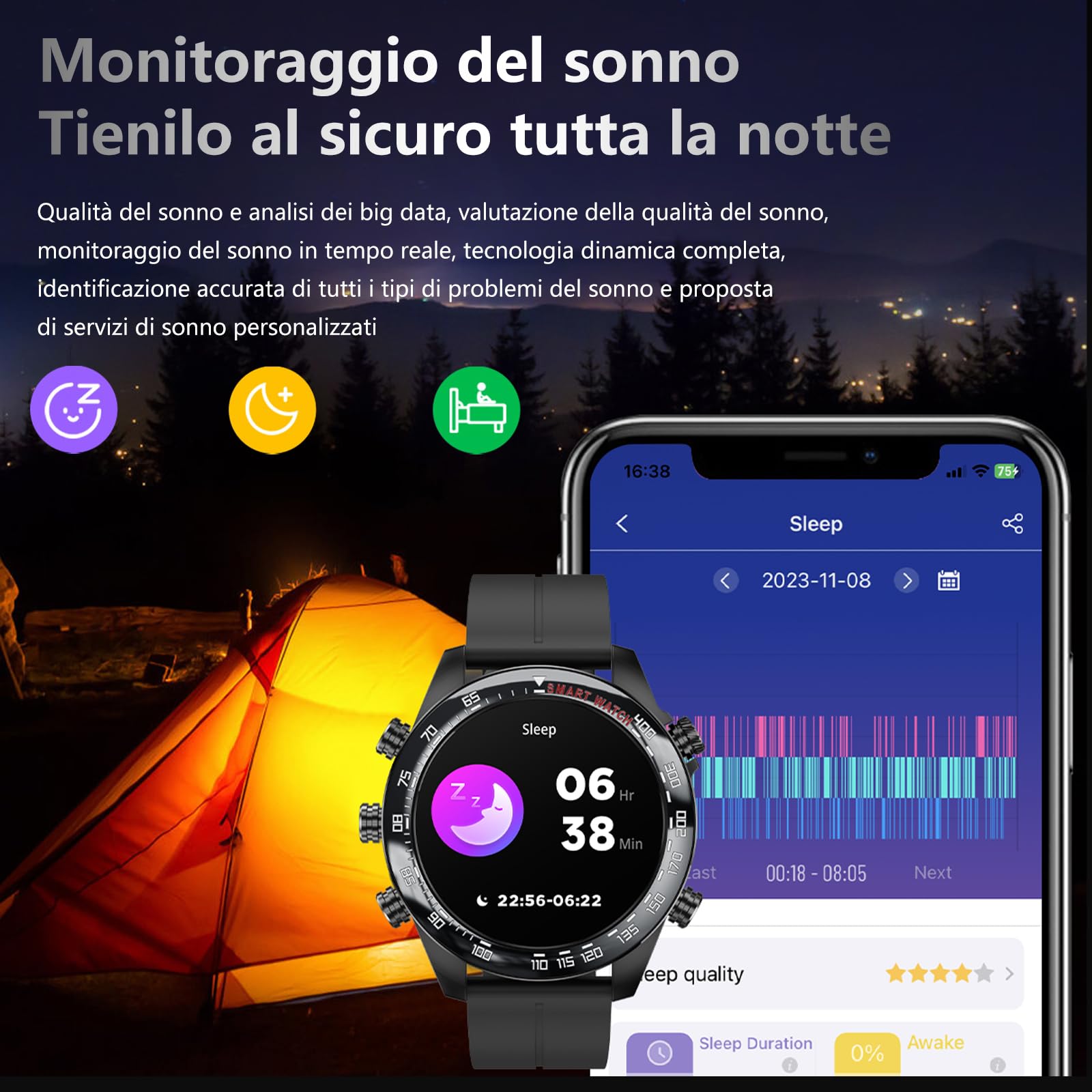OUFUYU Smartwatch Uomo 1,43" AMOLED HD Display Orologio Intelligente Fitness Chiamate Bluetooth Fitness Tracker 100+ Modalità Sport Sonno Contapassi Cronometro Impermeabil IP68 Smart Watch Android iOS