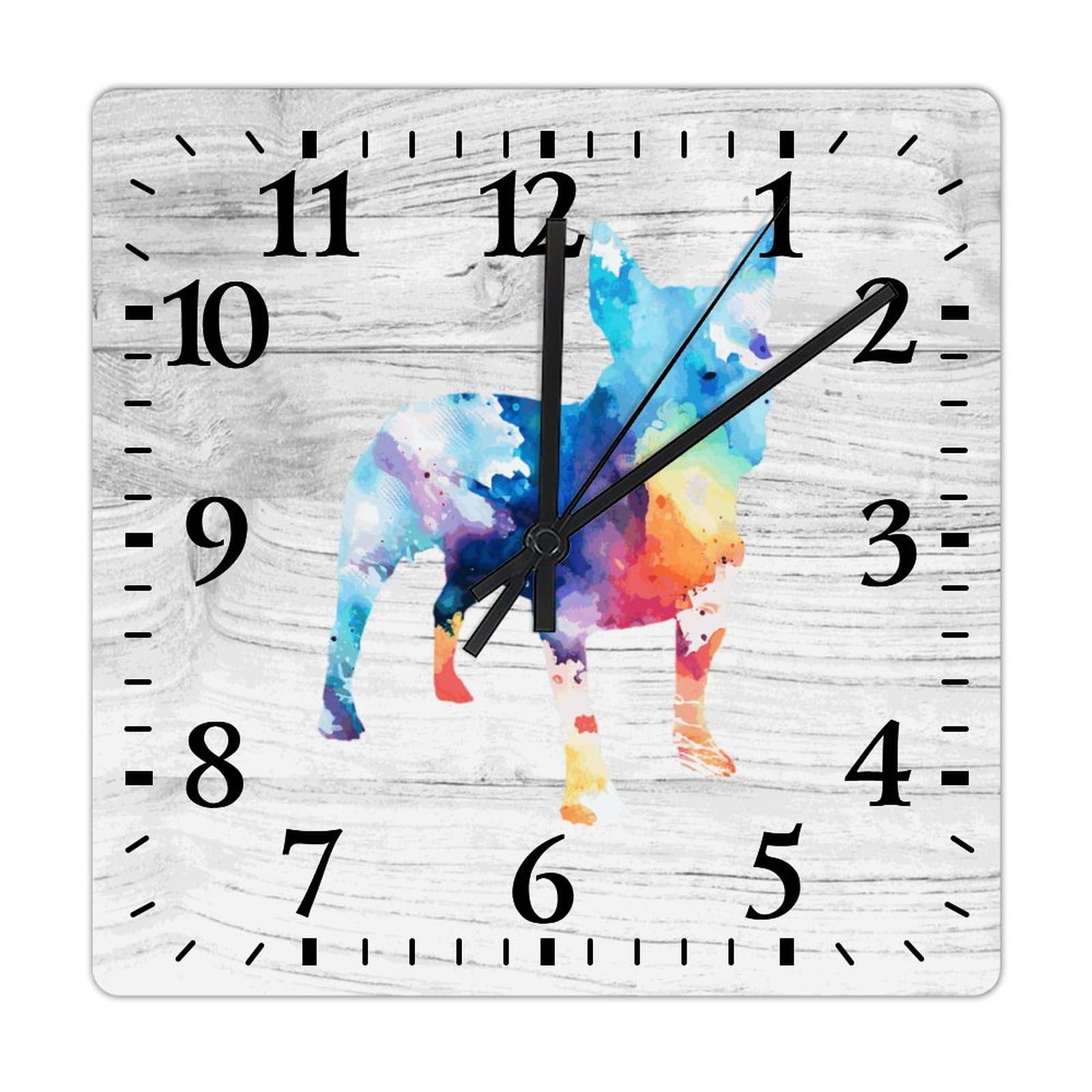 Horloge Bull Terrier murale carrée bois sans tic-tac pour maison 38cm