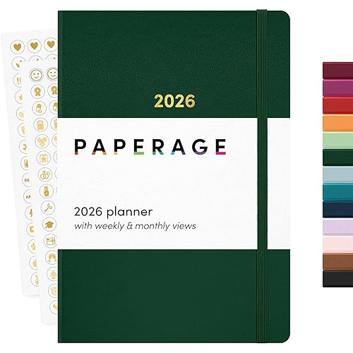 PAPERAGE 2026 Weekly & Monthly Planner, 12 Months (January 2026 - December 2026), 5.6 in x 8 in, Hardcover 2026 Planner with Weekly & Monthly Spreads, Note Pages, Stickers & Back Pocket – Dark Green