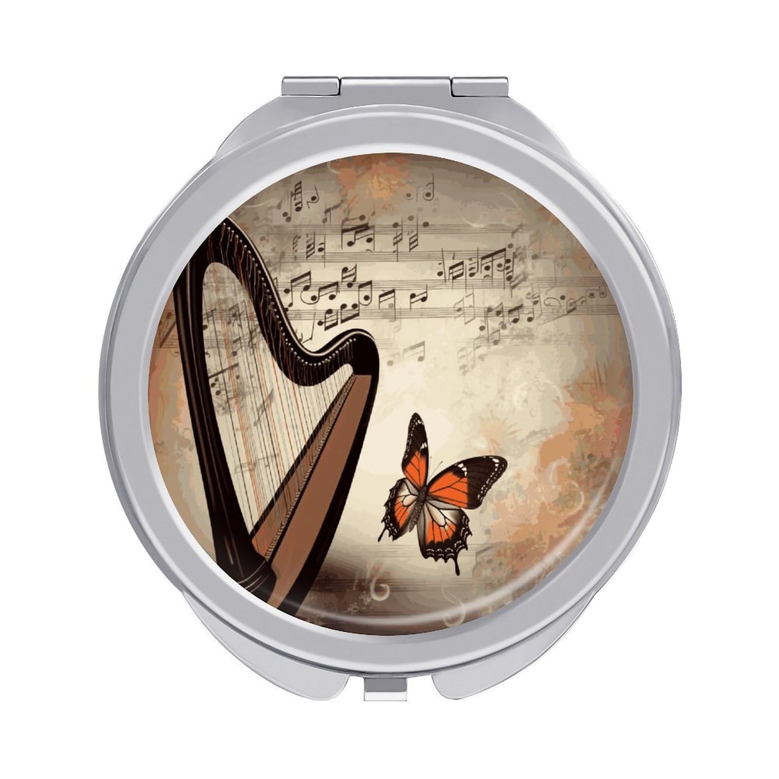 Fekiloot Style Music Background With Harp And Butterfly Travel Makeup Mirror Handheld Compact Mirror Portable Pocket Mirror Double-Sided 1X/2X Magnifying For Handbag And Purses
