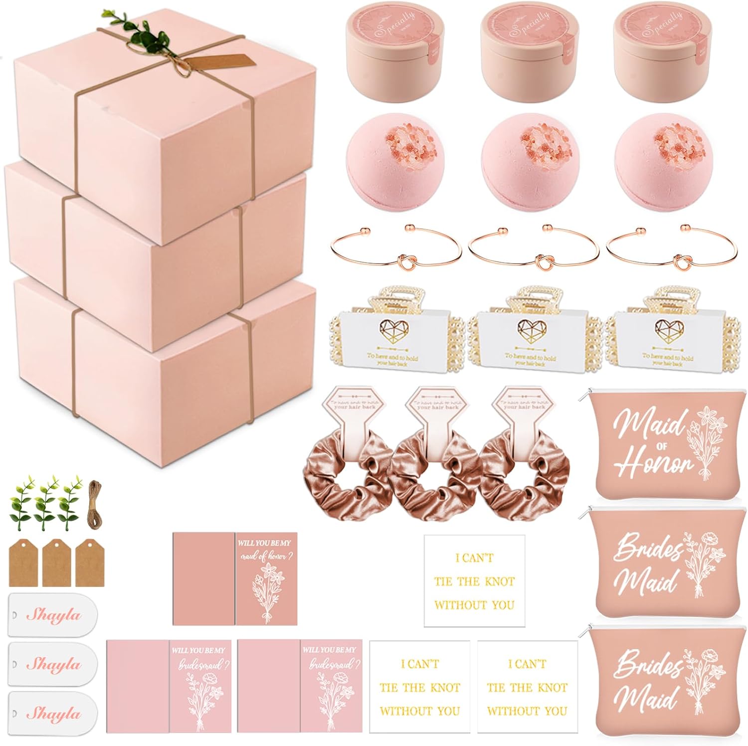 CITYCHALET 49Pcs Bridesmaid Gifts Set of 4 Black,Maid of Honor Proposal Gift Boxes Set,Cosmetic Bag Scented Candle Jewelry Box Metal Hair Clip Knot Bracelet Bachelorette Party Bridal Shower