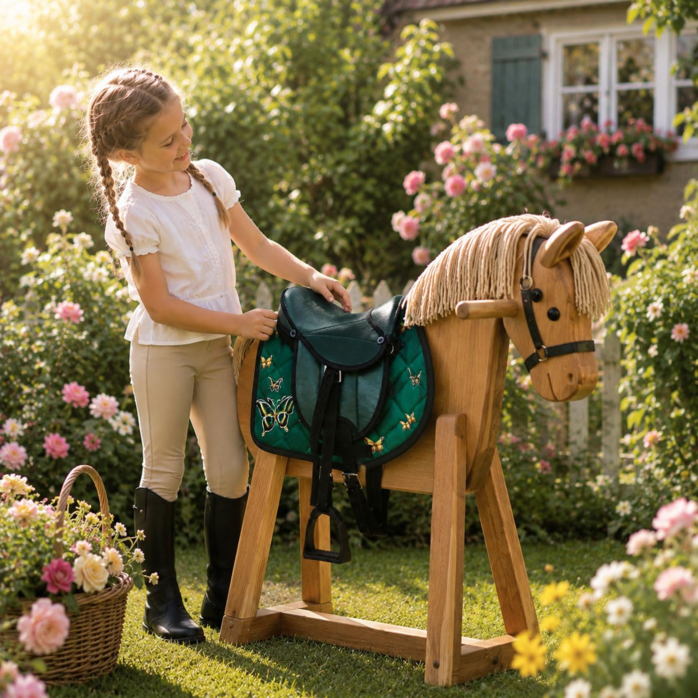 Brama West Kinder Shetty Sattel Set „My Little Butterfly“ | Sattel für Shetty Pony Holzpferd | mit Satteldecke, Sattelgurt, Steigbügel & Steigbügelriemen | Grün