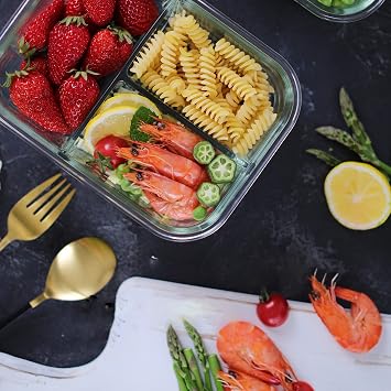 8 Pack 3 Compartment 36oz Large Glass Meal Prep Containers with Lids