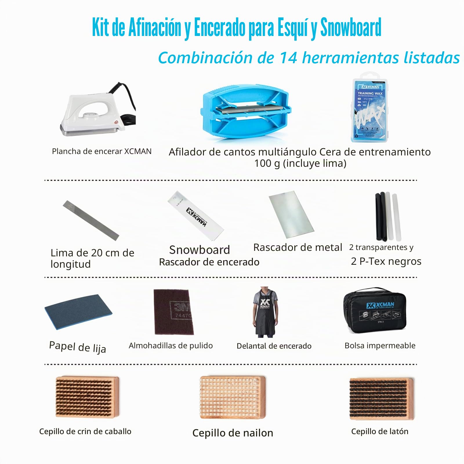 XCMAN Kit Completo de afinado y Encerado de esquís y Snowboard con Plancha de Encerado, Cera Universal, afinador de Cantos, Cepillo, rascador de Cera, Ptex