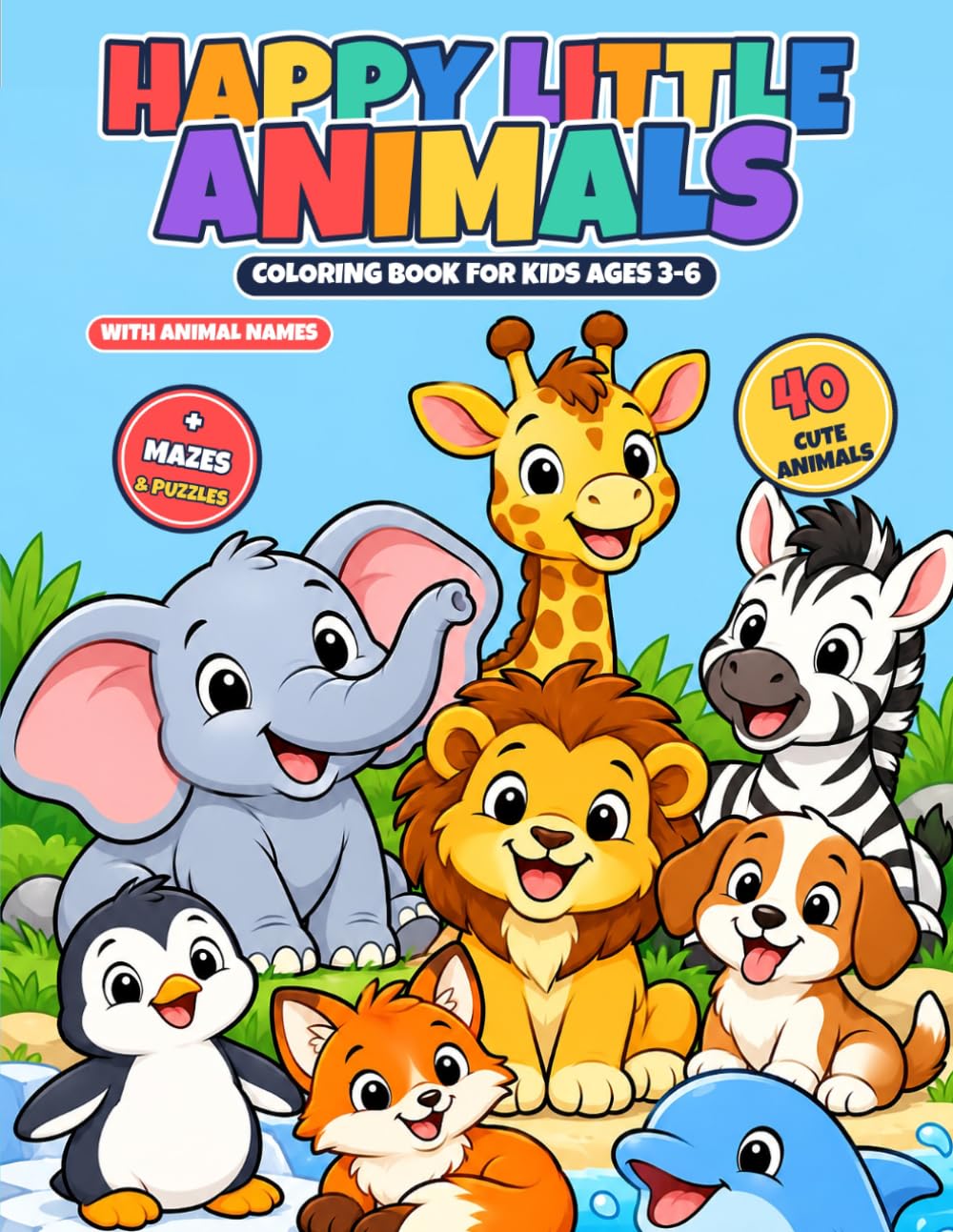 Happy Little Animals: Coloring Book for Kids Ages 3-6: 40 Big & Simple ...
