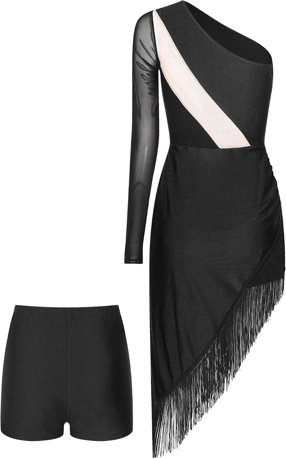 Linjinx Women's Lyrical Latin Dance Dress with Shorts Asymmetrical Dress with Tassels Contemporary Ballroom Costumes