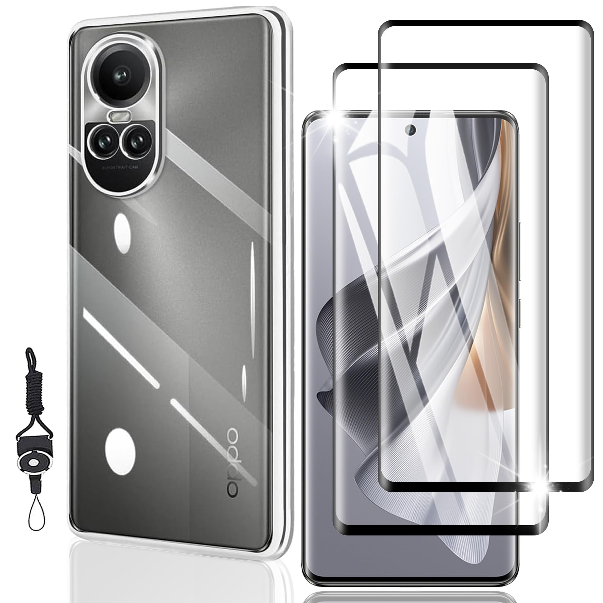 Nutmeg OPPO Reno10 Pro 5G ガラスフィルム(2枚)+ OPPO Reno10 Pro 5G ケース クリア(1枚)【旭硝子素材採用 ストラップホール付き】フィルム 保護フィルム 強化ガラス カバー 携帯ケース 硬度9H 3D曲面 高透過率 指紋防止 スクラッチ防止 撥水撥油 飛散防止 衝撃吸収 らかい手触り 滑り止め TPU 黄変防止