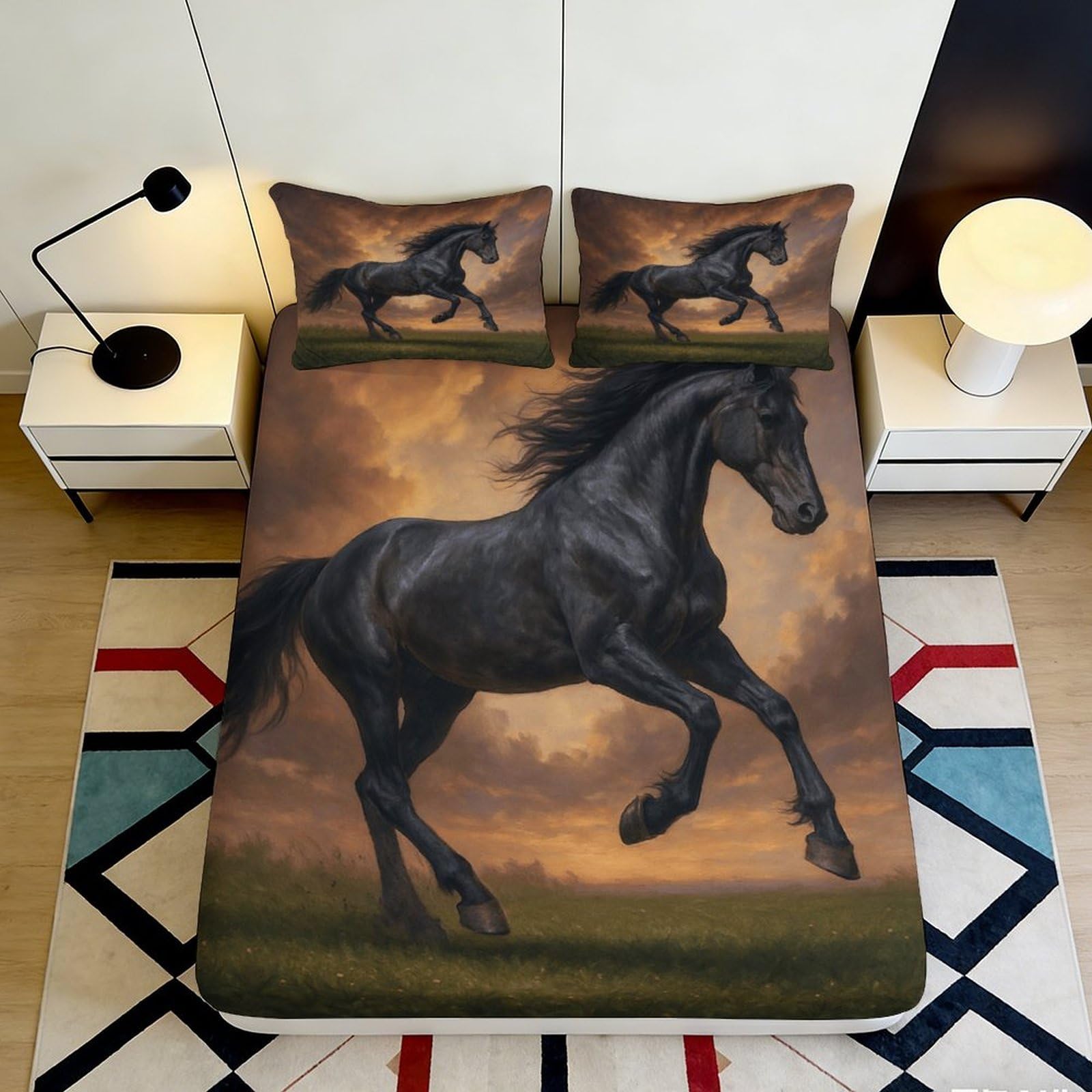 3D Printed Black Horse Fitted Sheet Microfiber Soft Anti-Slip Sunset Sky Mattress Cover for Bedroom Dorm Decor 90x200x25cm