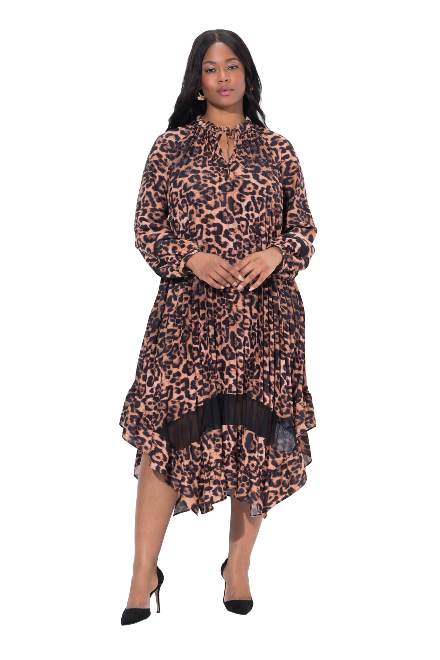 Ulla Popken Damen große Größen Übergrößen Plus Size Plissee-Kleid, Leo-Design, Tunika-Ausschnitt, Langarm 842979