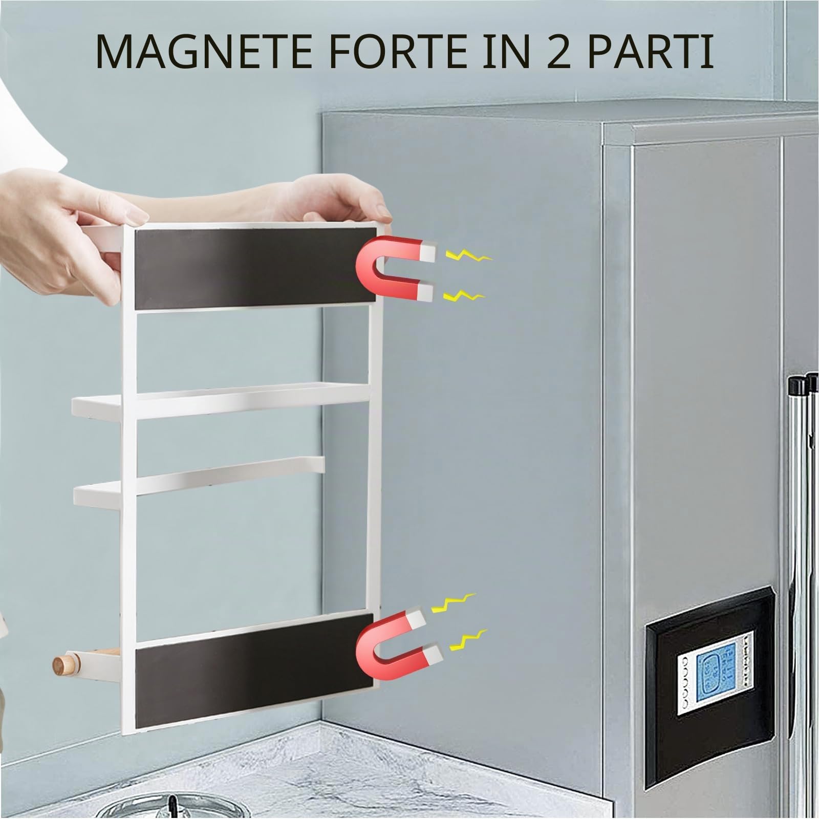 Mensola Magnetica Porta Spezie per Frigorifero – Organizer da Cucina a 3 Ripiani con 6 Ganci, Design in Legno – Scaffale per Spezie, Asciugamani, Barattoli e Carta da Cucina