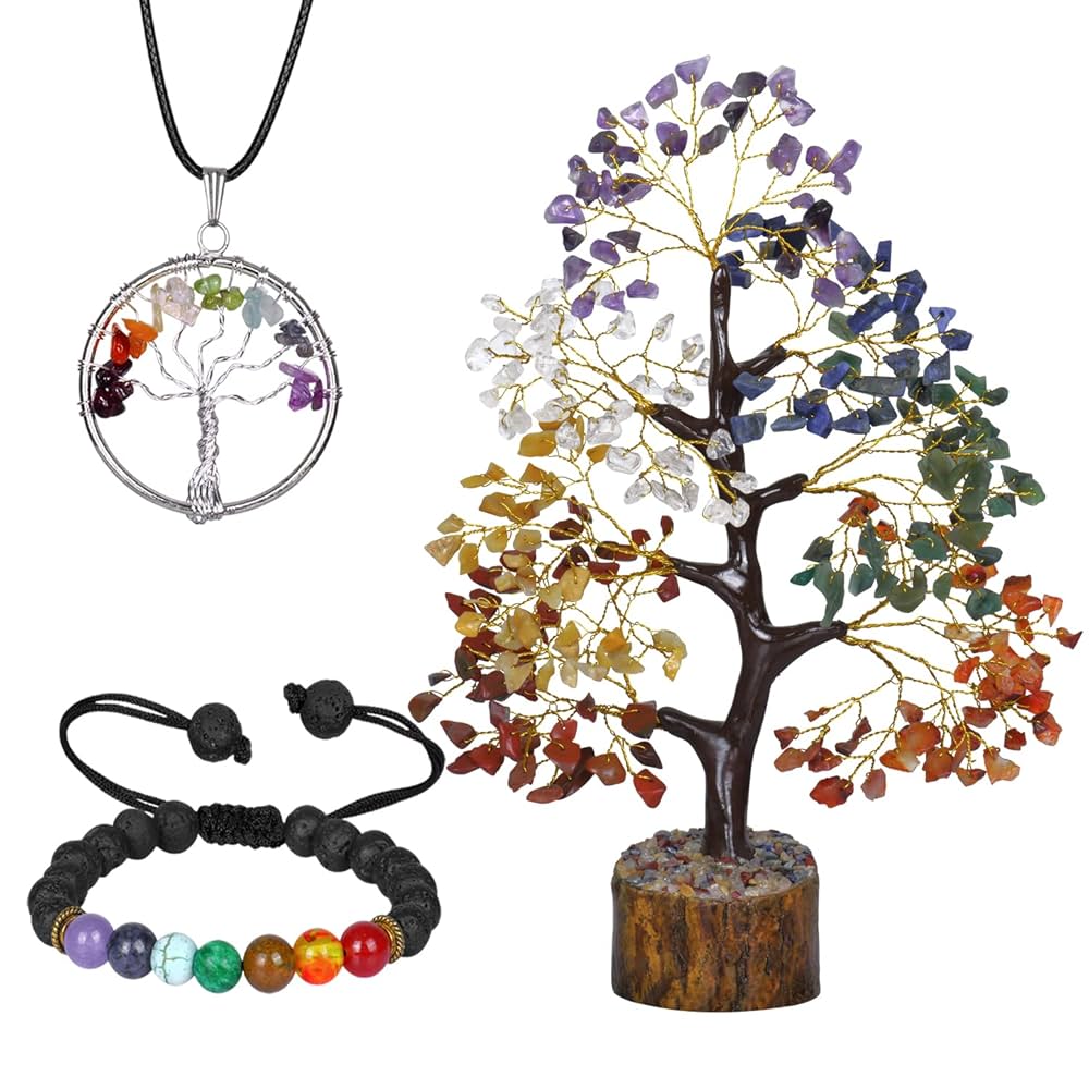 PYOR 7 Chakra Tree Of Life Crystal Tree, Healing Crystals, Office Desk Accessories For Women, House Warming Gifts New Home, Crystals And Healing Stones, Office Decor, Crystal Gifts For Women