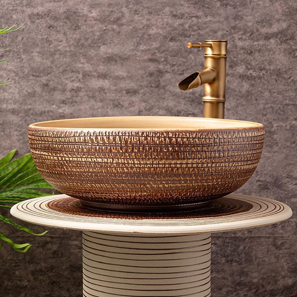 Pedestal Sinks Retro Art Ceramic Outdoor Column Wash Basin Courtyard Balcony Bathroom Sink (A)