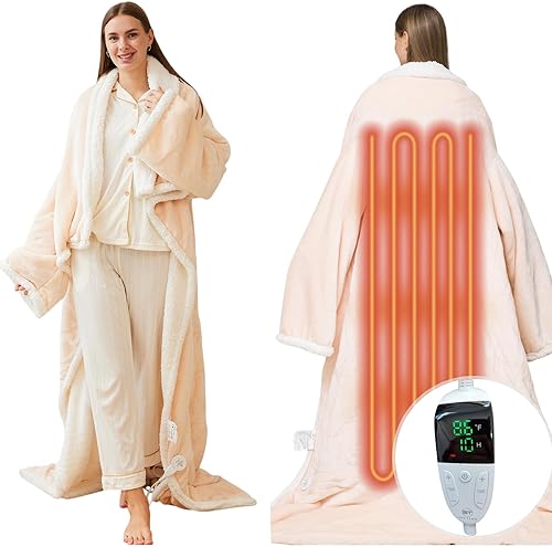 Spetime Manta térmica eléctrica, manta envolvente de cuerpo completo con mangas, calentador de bolsillo para los pies, 6 niveles de calefacción y