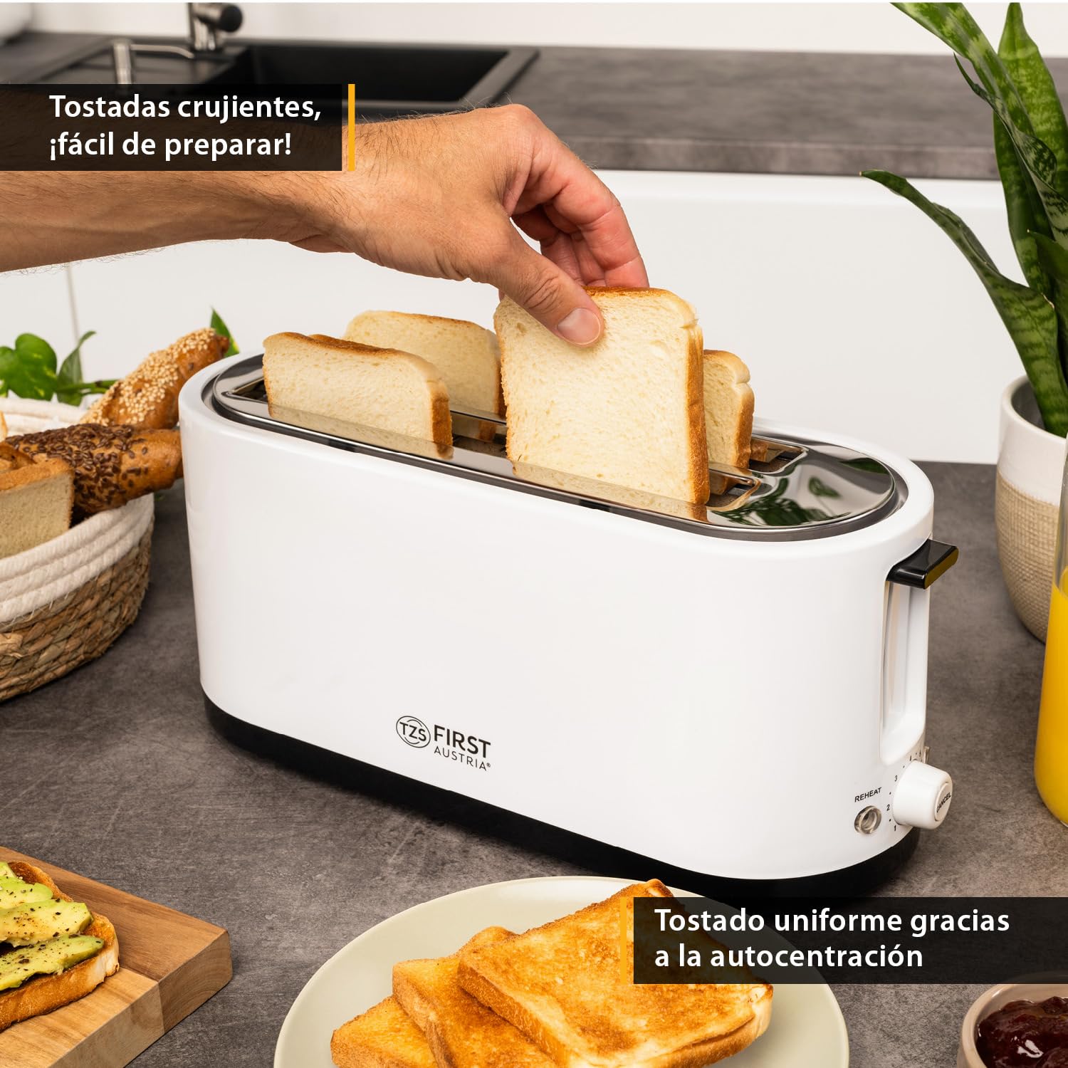TZS First Austria - Tostadora 4 rebanadas, 1400W, bandeja recogemigas, soporte panecillos, carcasa aislada, ajuste temperatura, acero inoxidable, función descongelar, centrado pan