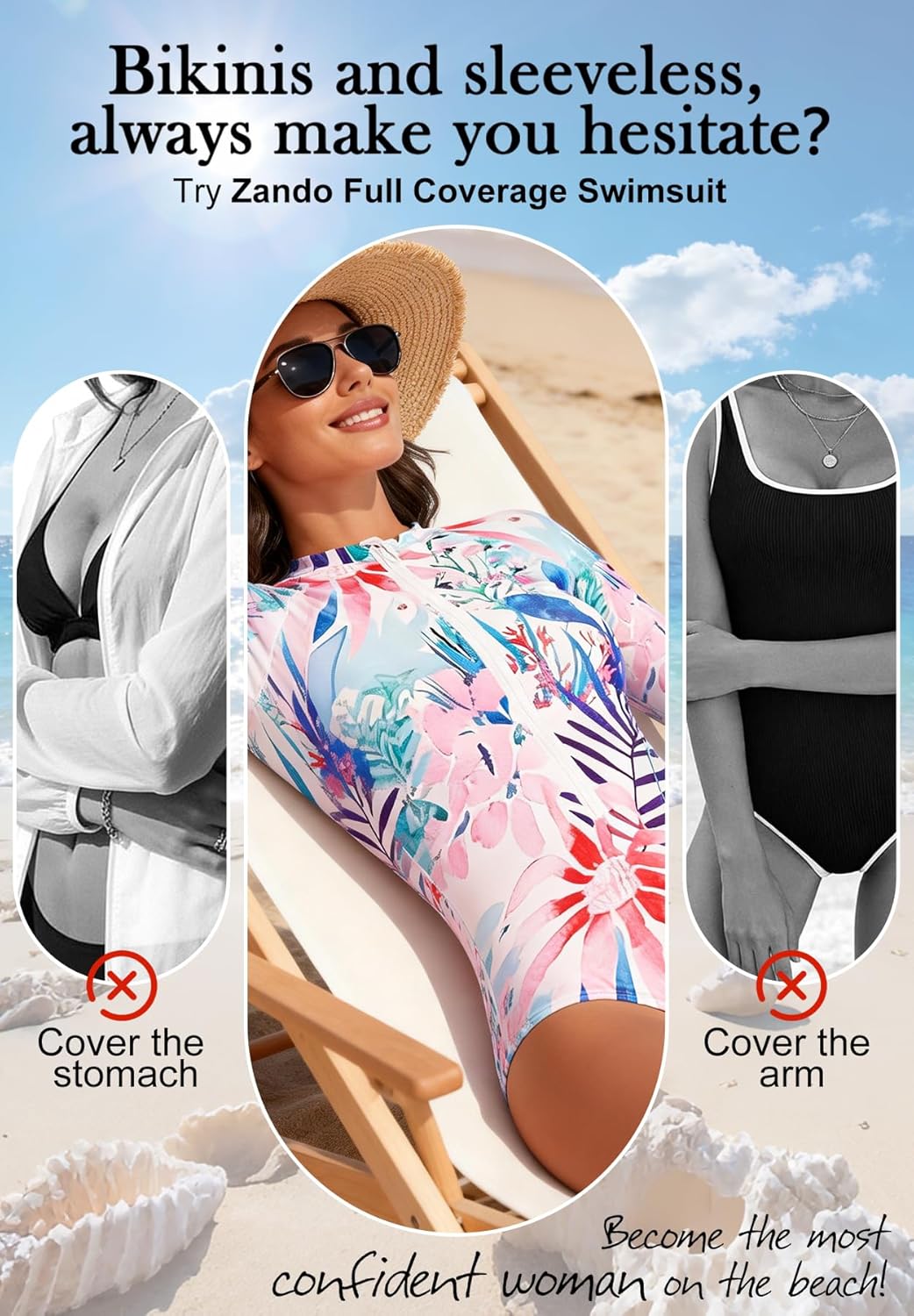 Zando UPF 50+ Surfing Long Sleeve Swimsuits for Women - One Piece Rash Guard Swimsuit Women, Beach Full Coverage Bathing Suit - Image 5