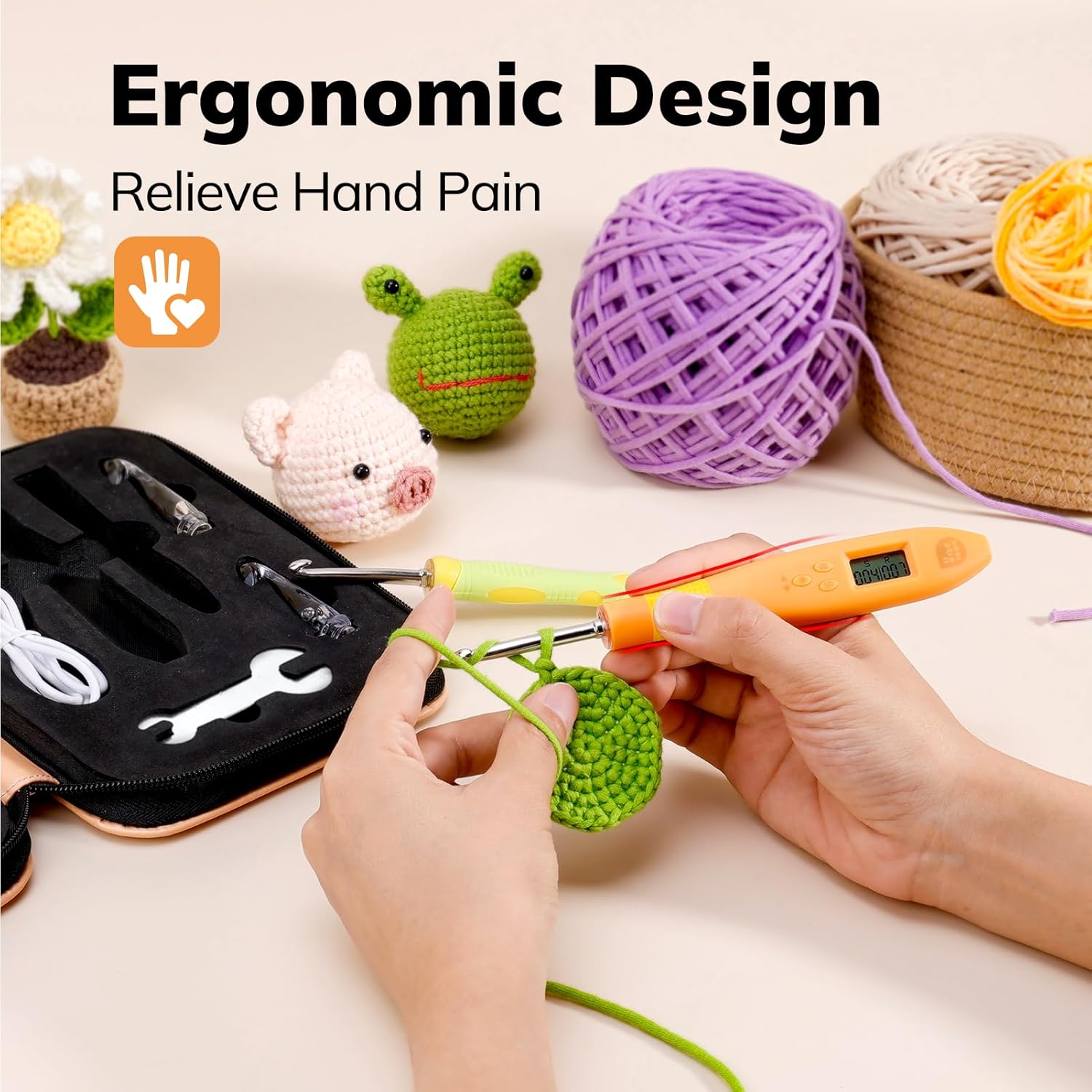 PP OPOUNT 18 Sizes Light Up Crochet Hook Set (2.0–14.0mm) - Plastic Rechargeable Lighted Hooks with LED & Digital Counter, Sliver Crochet Tools and Orange Counting Crochet Hook（Ambidextrous