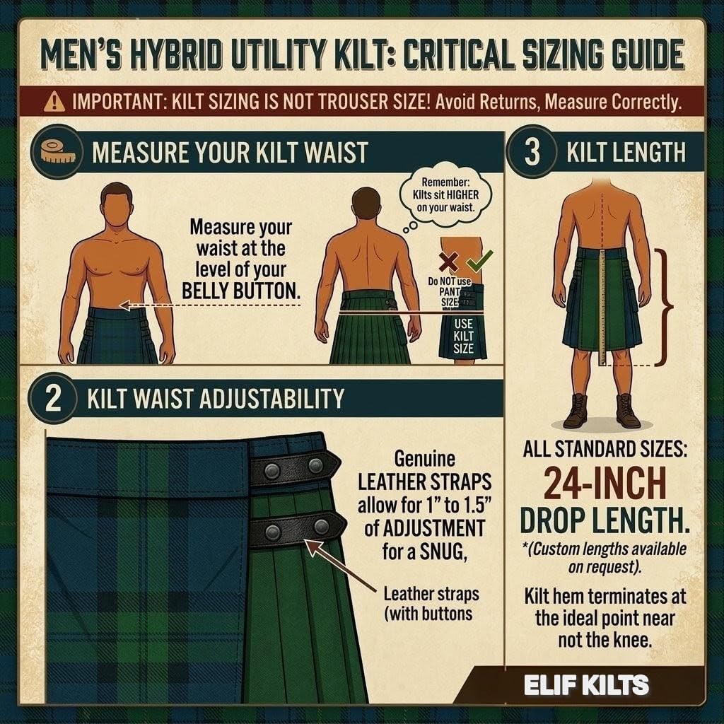 Modern Utility Kilts-Men's Plus Size Scottish Hybrid Black Cotton & Acrylic Wool Tartan Utility Kilts with Leather Straps