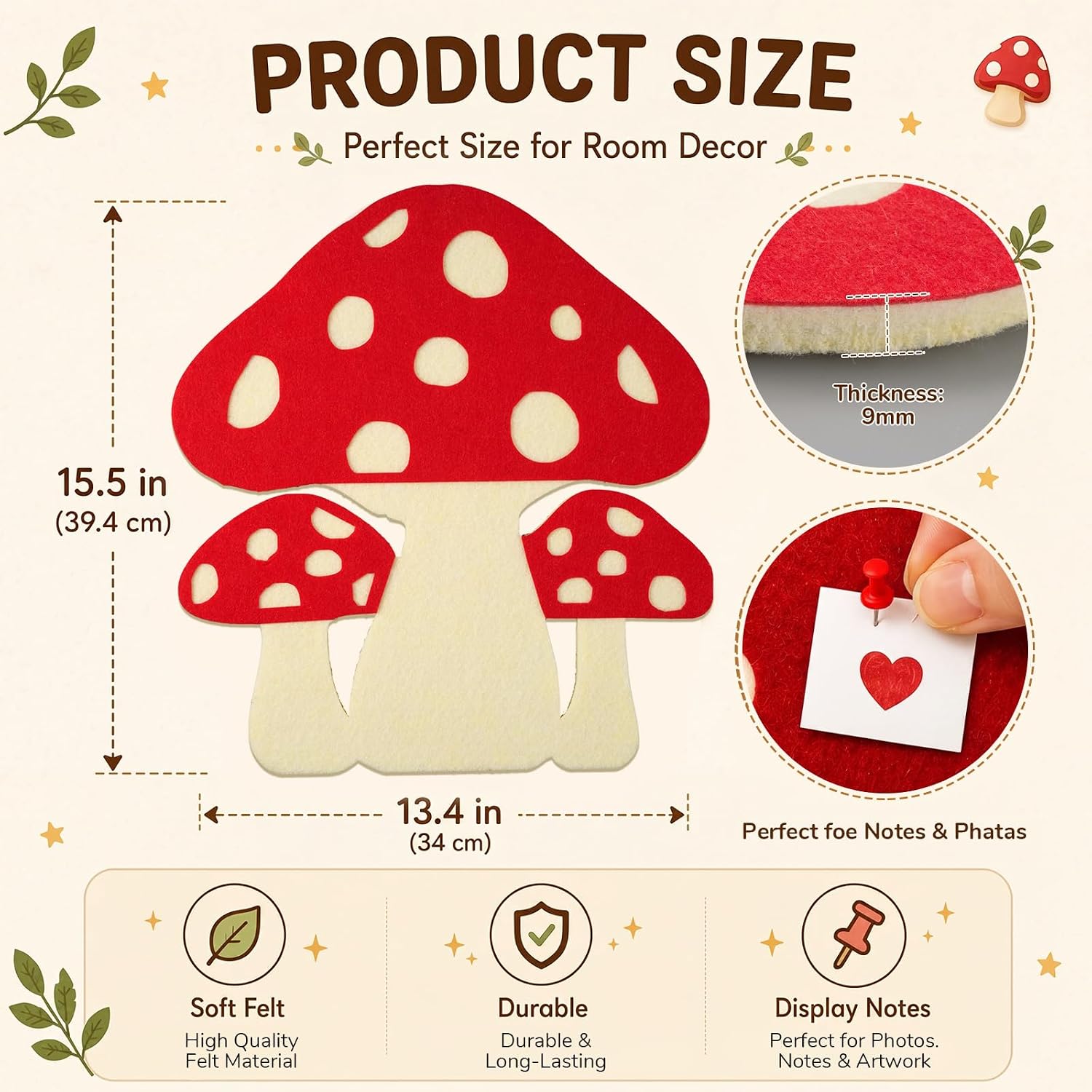 Chumia 15.5 x 13.4 Inch Cute Mushroom Felt Pin Board for Wall, Self Adhesive Decorative Memo Board for Photos, Notes & Postcards, Cottagecore Room Decor for Bedroom, School, Dorm & Office
