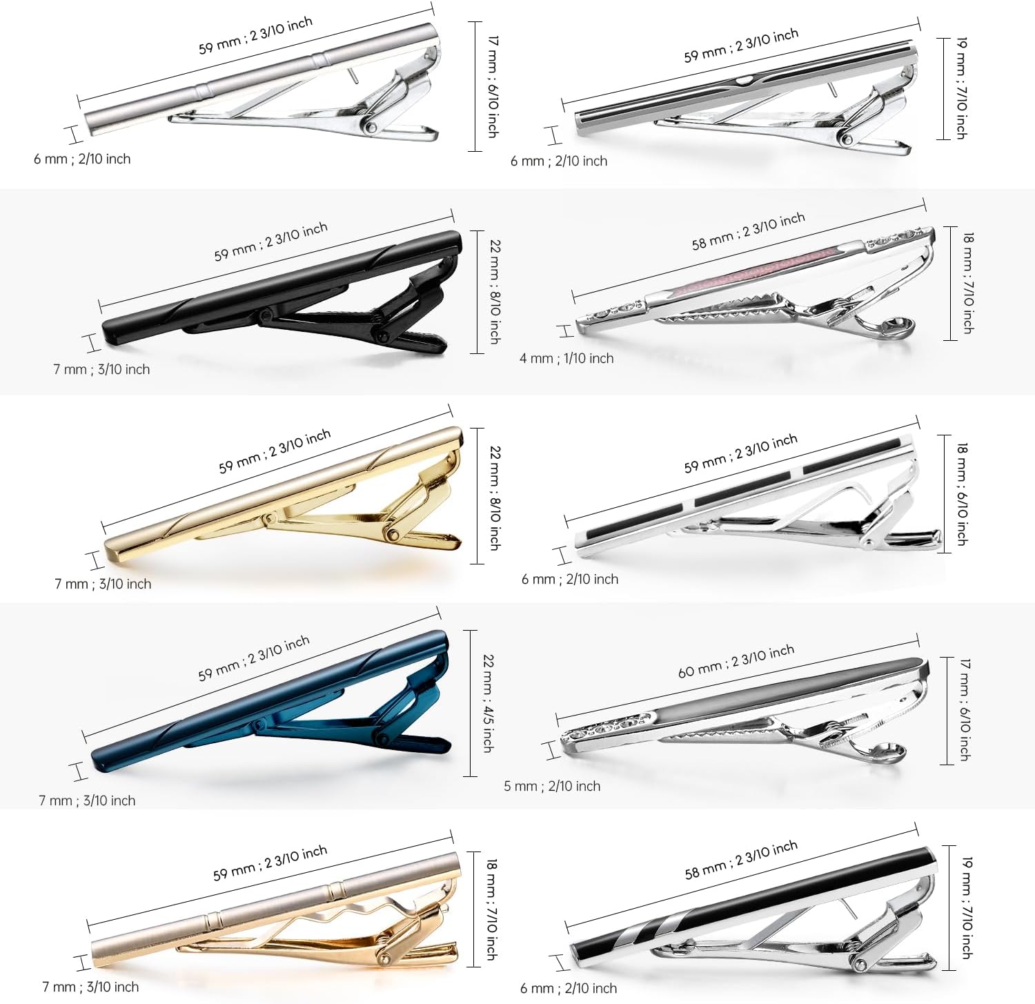 wynameleri Tie Pins for Men Silver Black 3 Pcs 10 PCS Short Tie Clip Set 2.3, 2.4 Inch Business Shirt Necktie Pinch for Men