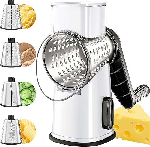 VEKAYA Rallador de queso, rallador de queso, manivela de mano, 4 cuchillas intercambiables, triturador de queso, rebanador de verduras, base de