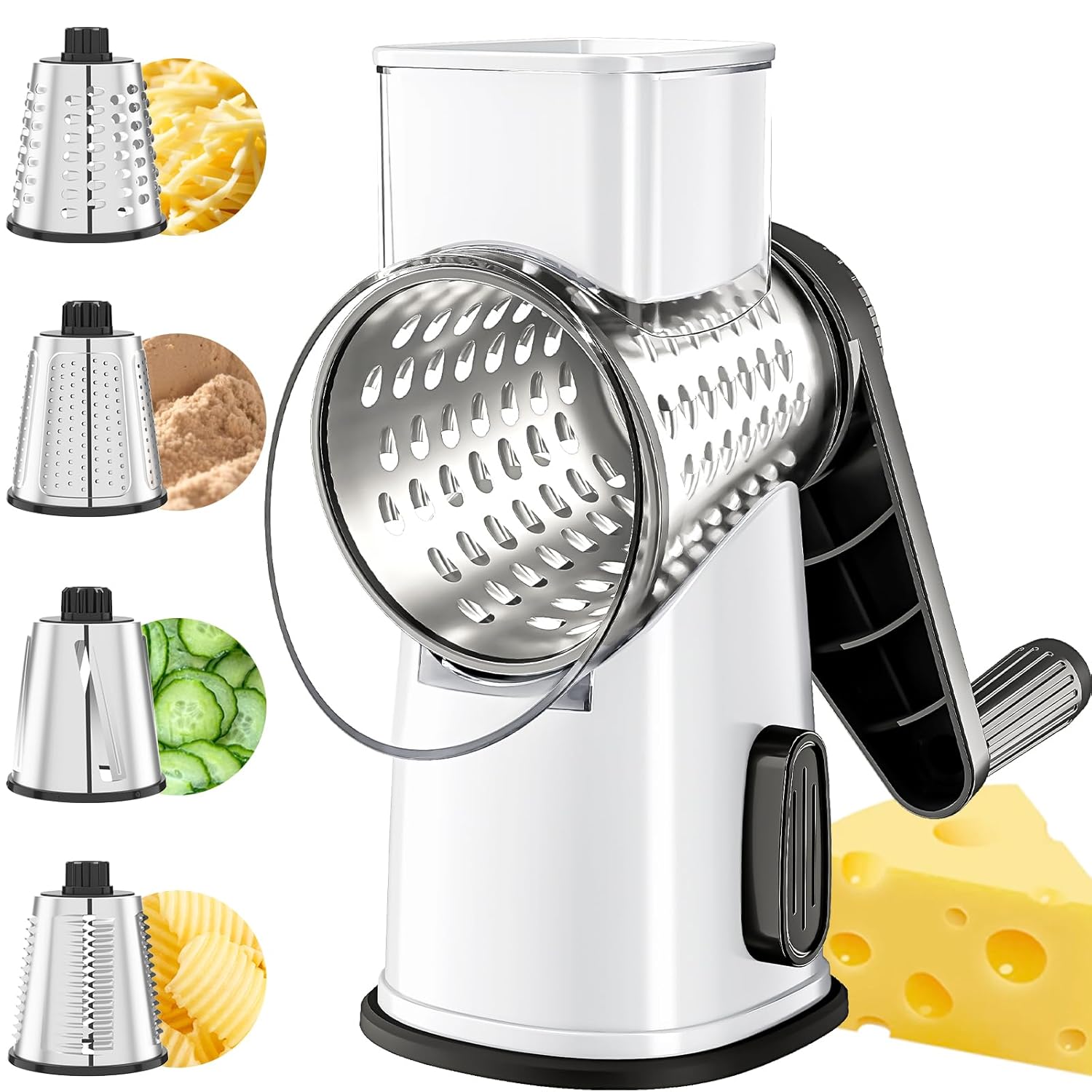 VEKAYA Cheese Grater Cheese Grater Hand Crank 4 Interchangeable Blades Cheese Shredder Vegetable Slicer Non-slip Suction Base Easy