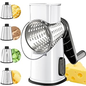 VEKAYA Cheese Grater Cheese Grater Hand Crank 4 Interchangeable Blades Cheese Shredder Vegetable Slicer Non-slip Suction Base Easy