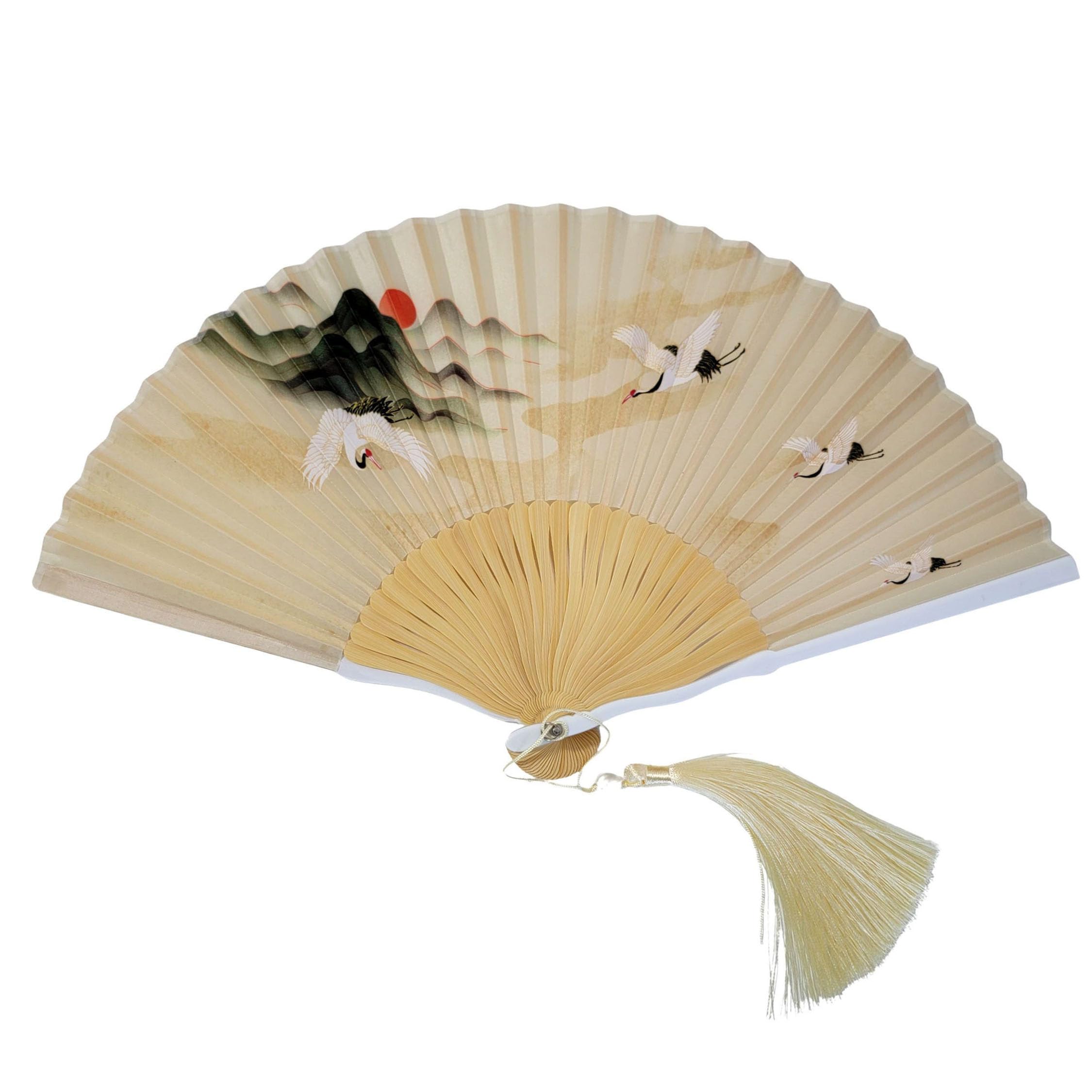 GFMยฎ Bamboo Silk Handheld Folding Japanese Chinese Hand Fan Foldable for Summer, Wedding -Flying Cranes- (MR-E) (FLSLK-JC-10)