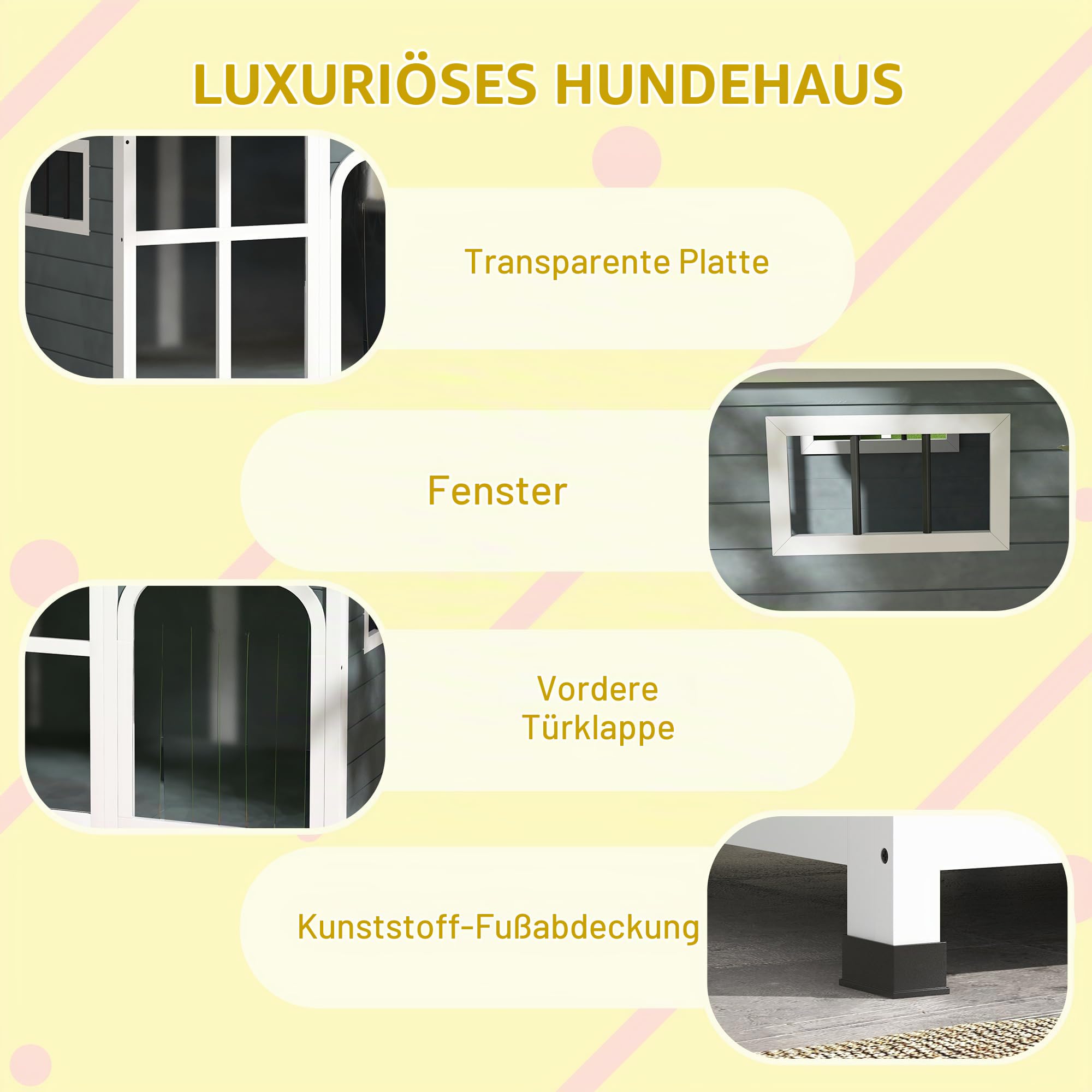 PawHut Außen-Holzhundehaus 101x66,5x70,5cm dunkelgrau | Hundehaus für mittelgroße Hunde bis 20 kg, Schutzdach, Fenster, öffenbares Dach