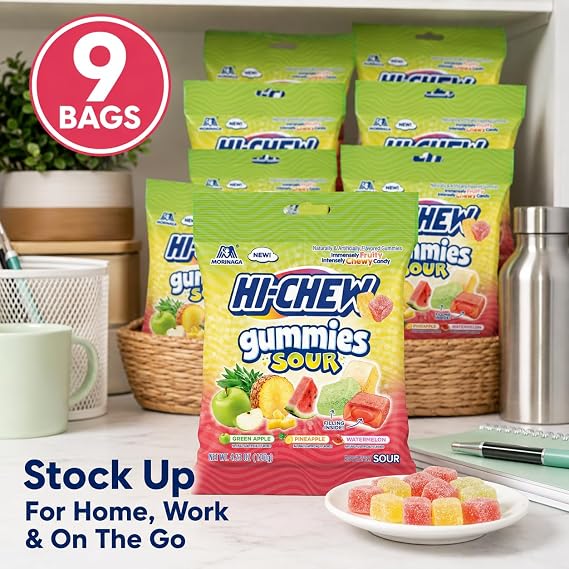 Hi-Chews Gummy Candy, 9 Bags, Soft Chew Fruit Candy for Snacking and Sharing, Green Apple Pineapple Watermelon Flavors, Gluten Free Sweet and Sour Gummies Candies