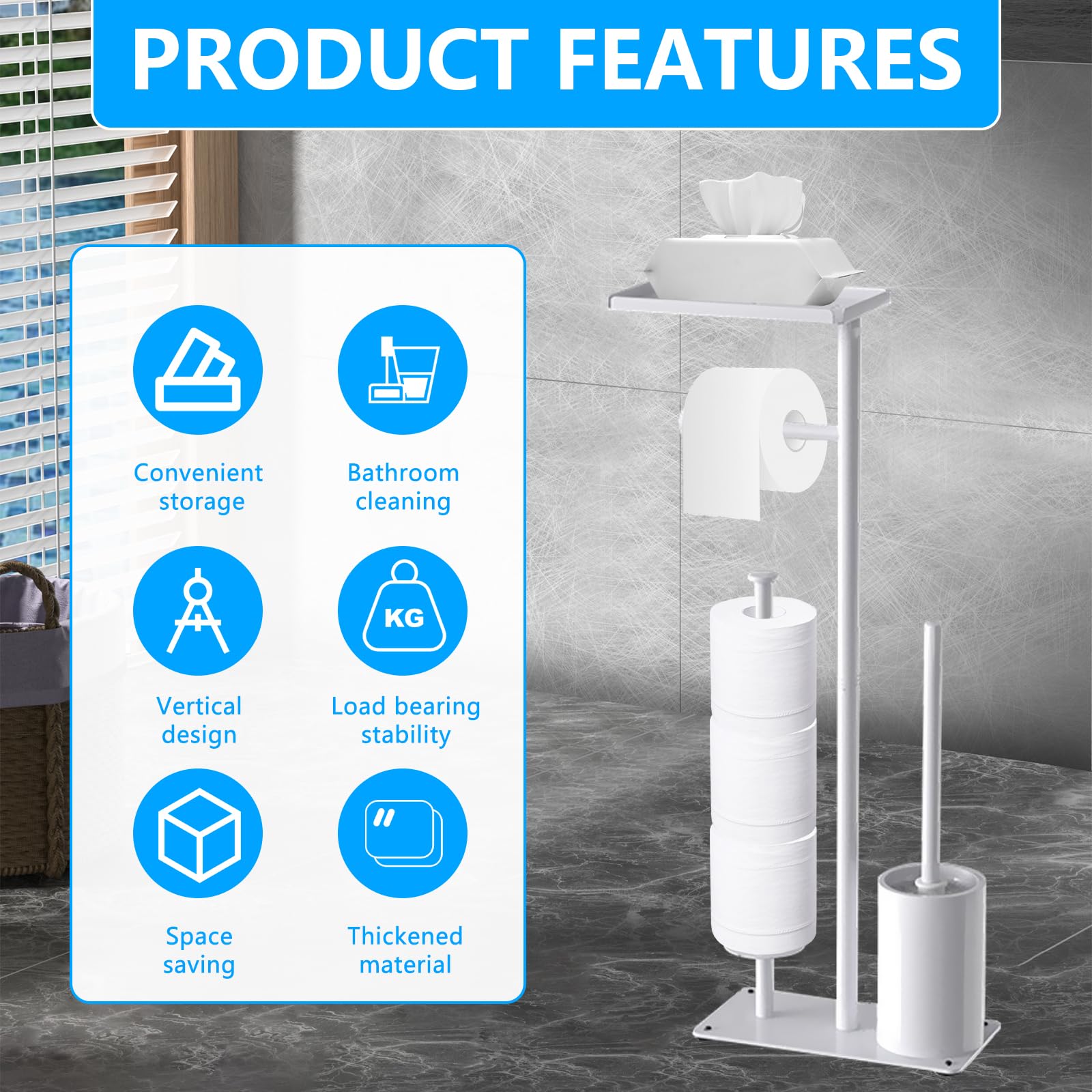 Portarrollos para Papel Higiénico, 59CM Soporte para Papel Higiénico De Pie De Metal con Estante Superior con Escobilla para Baño Y Hogar con Capacidad para 3 Rollos De Repuesto