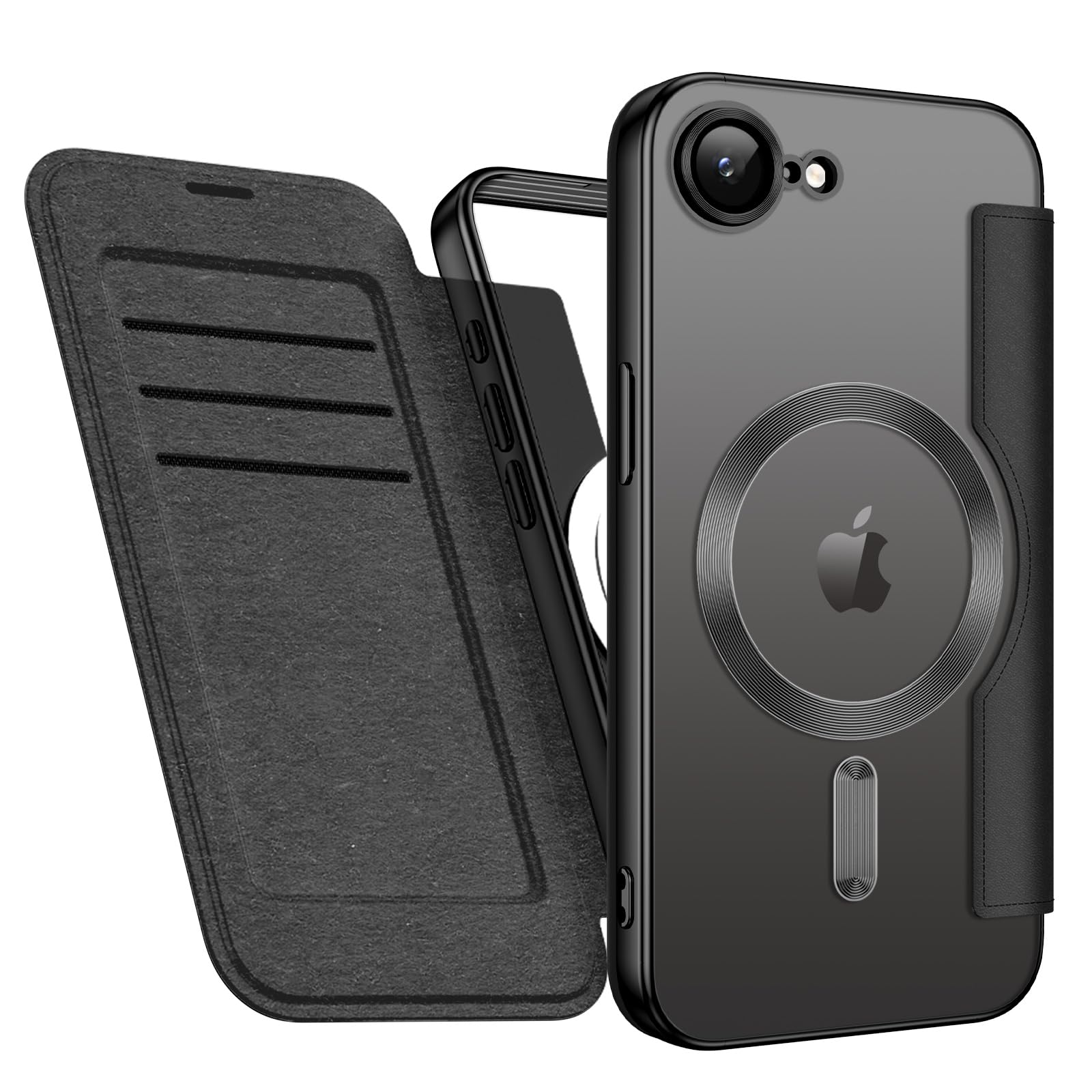 VENINGO Funda Magnética para iPhone 16e, Compatible con MagSafe Libro Funda iPhone 16e Cover Protección de Grado Militar Carga Inalámbrica Antihuellas Antigolpes Fina Carcasa, Negro