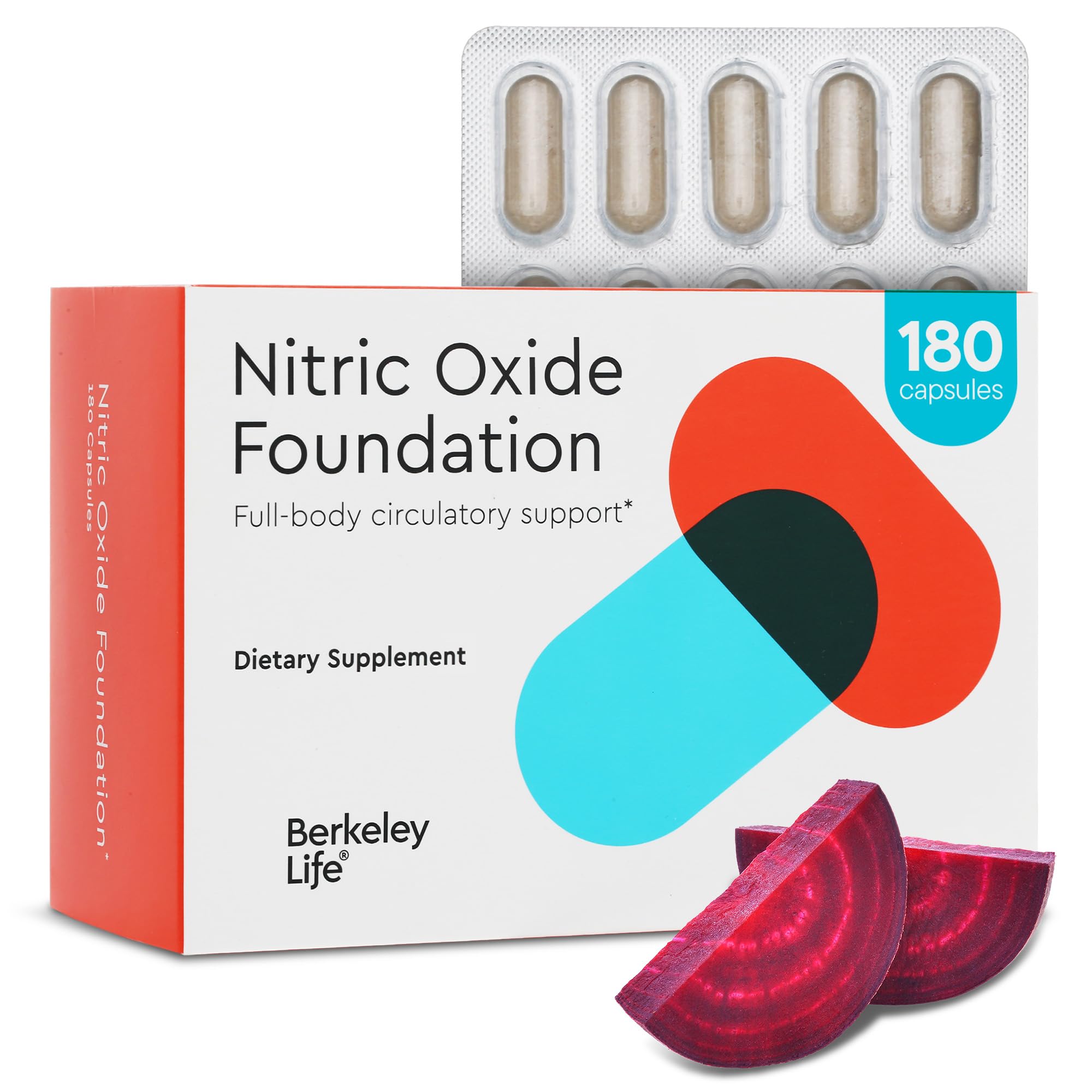 Berkely Life Nitric Oxide Foundation, Full-Body Circulatory Support - Nitric Oxide Supplement with Beet Root Powder Supports Healthy Blood Pressure, Heart & Cardiovascular Health - 180 Capsules