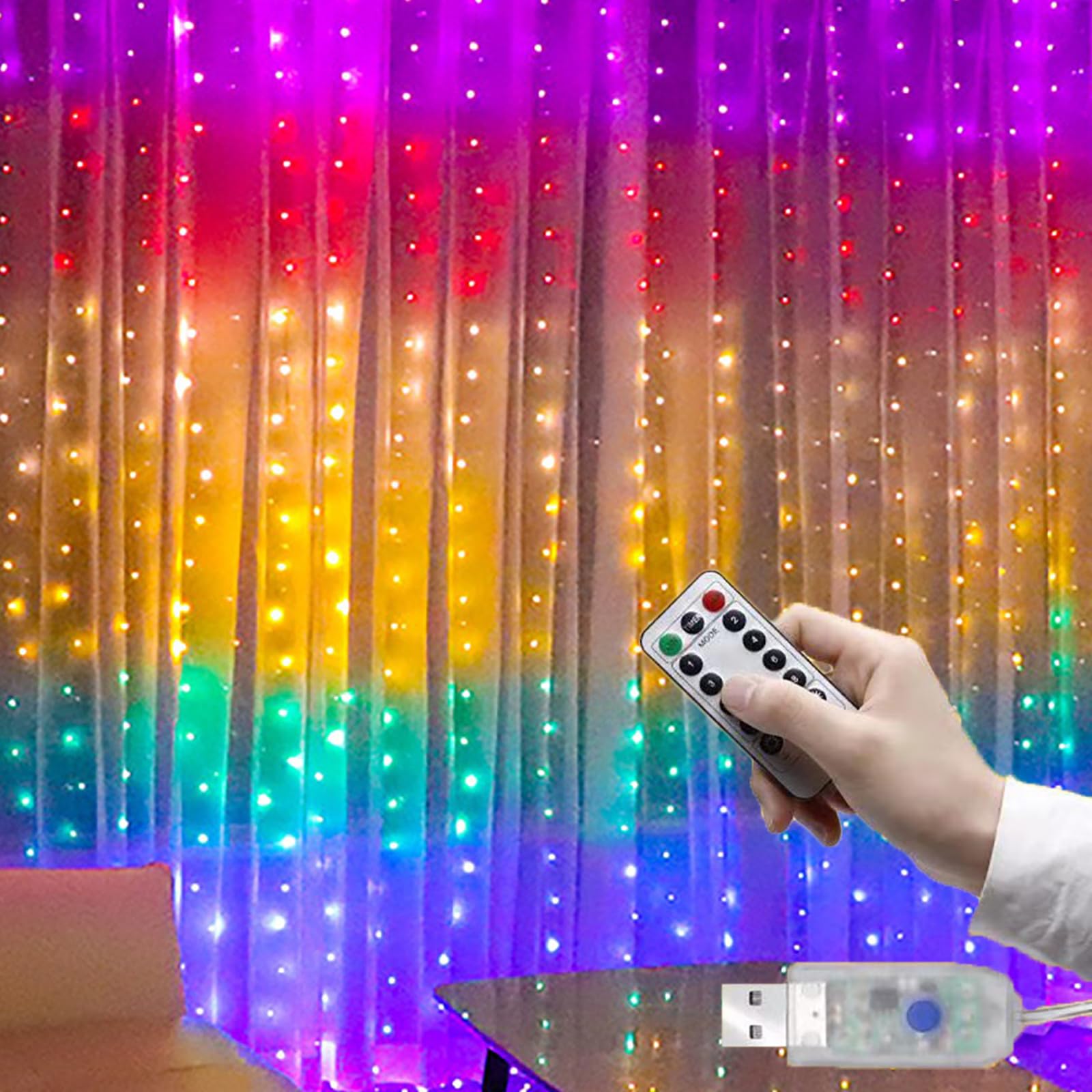 PutentfunCurtain Fairy Lights,280 LED 3m x 3m USB String Light Indoor Outdoor Waterproof Rainbow Hanging Window Lights with Hooks,for Bedroom/Wall/Outdoor/Wedding/Party/Garden Decoration