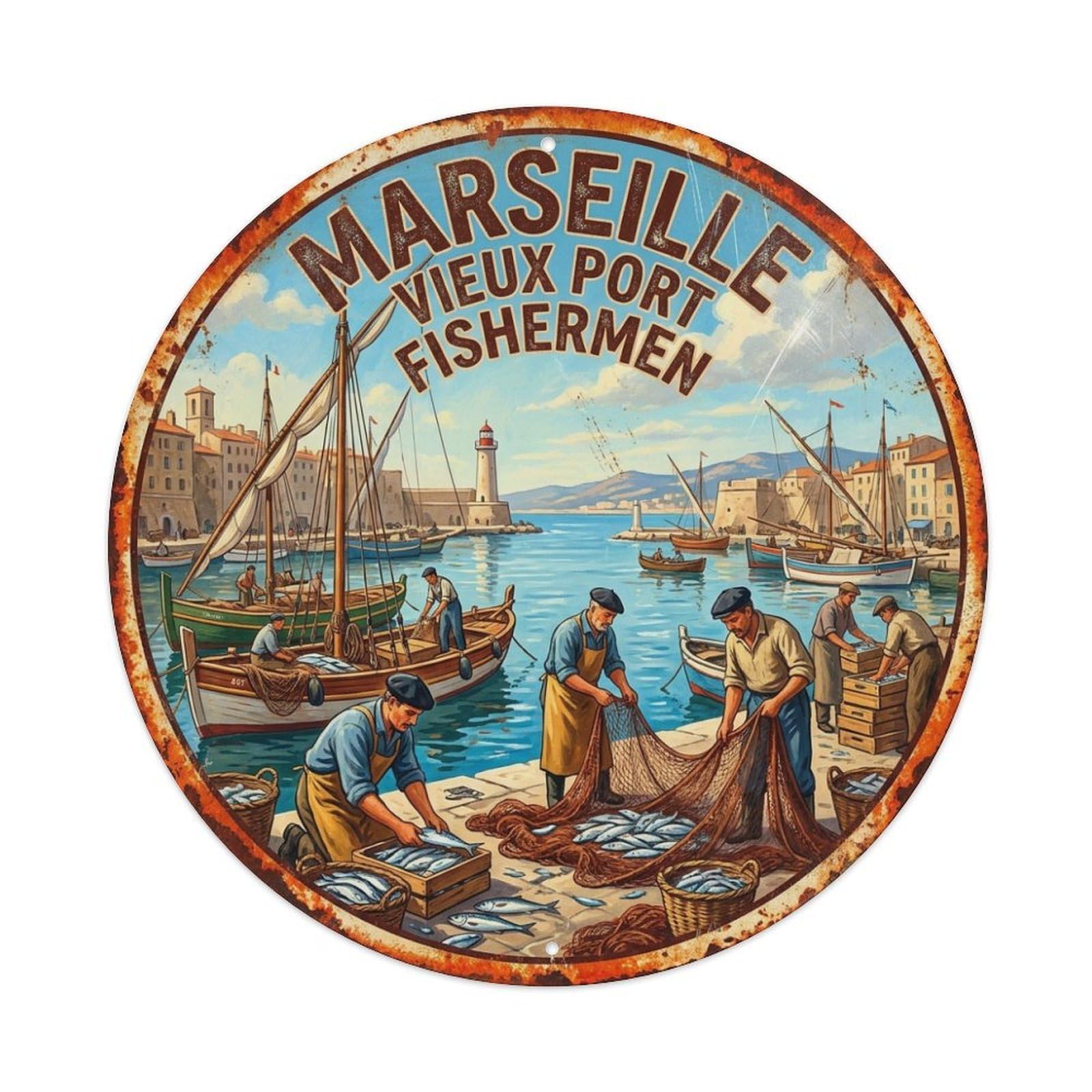 Vieux Port Marseille Fishermen Waterfront View Metal Tin Sign