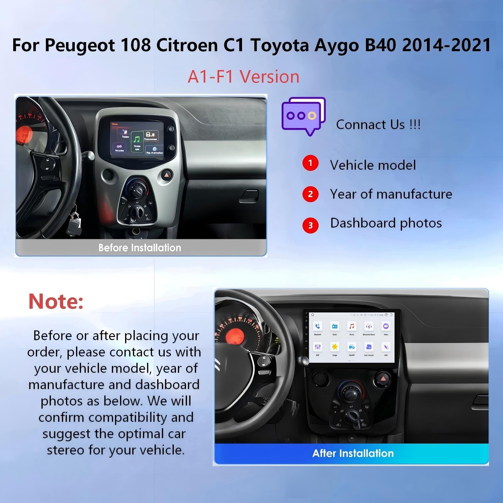 Autorradio Android 16 para Peugeot 108 Citroen C1 Toyota Aygo B40 2014-2021