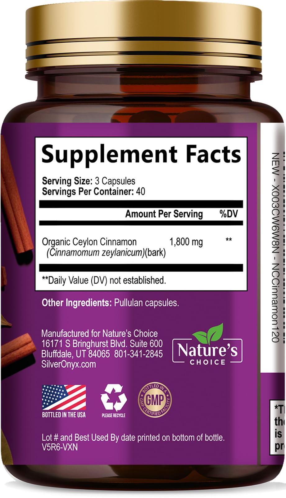 Ceylon Cinnamon Capsules - Certified Organic Ceylon Cinnamon Powder - 100% Extra Strength Cinnamon Pills - Energy & Heart Support - Gluten Free & Sugar Free Supplement - Bottled in USA - 120 Capsules — Amazon image 9