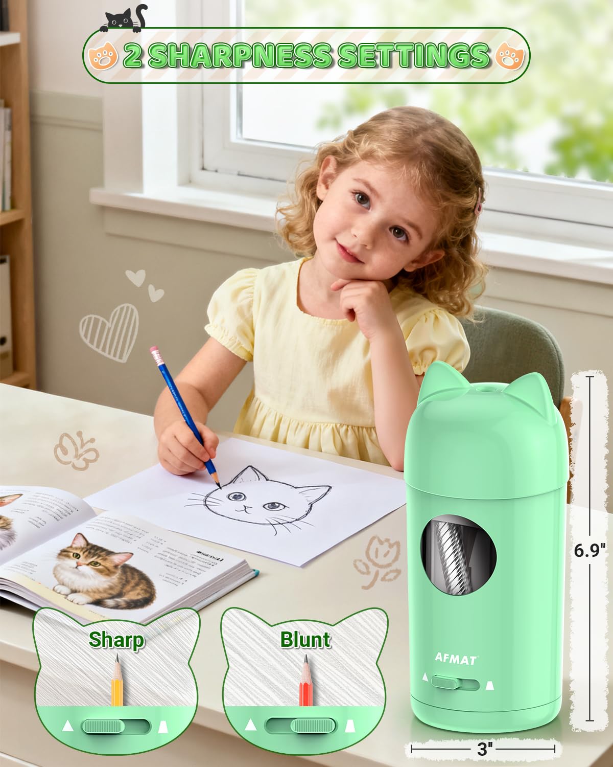 AFMAT Sacapuntas eléctrico, sacapuntas totalmente automático para lápices de colores de φ7-8 mm, entrada y salida automática, recargable e inalámbrica, sacapuntas de colores manos libres para aula
