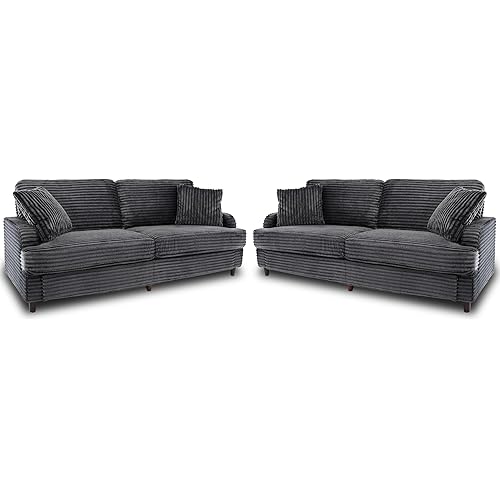 80 Inch 2 Sets Sofa Couch, Comfy Love Seat Couches for Living Room, Mid Century Modern Oversized Two Seater Couch, Plush Corduroy Deep Seat Sofas for Bedroom, Small Space Apartment, Dark Grey