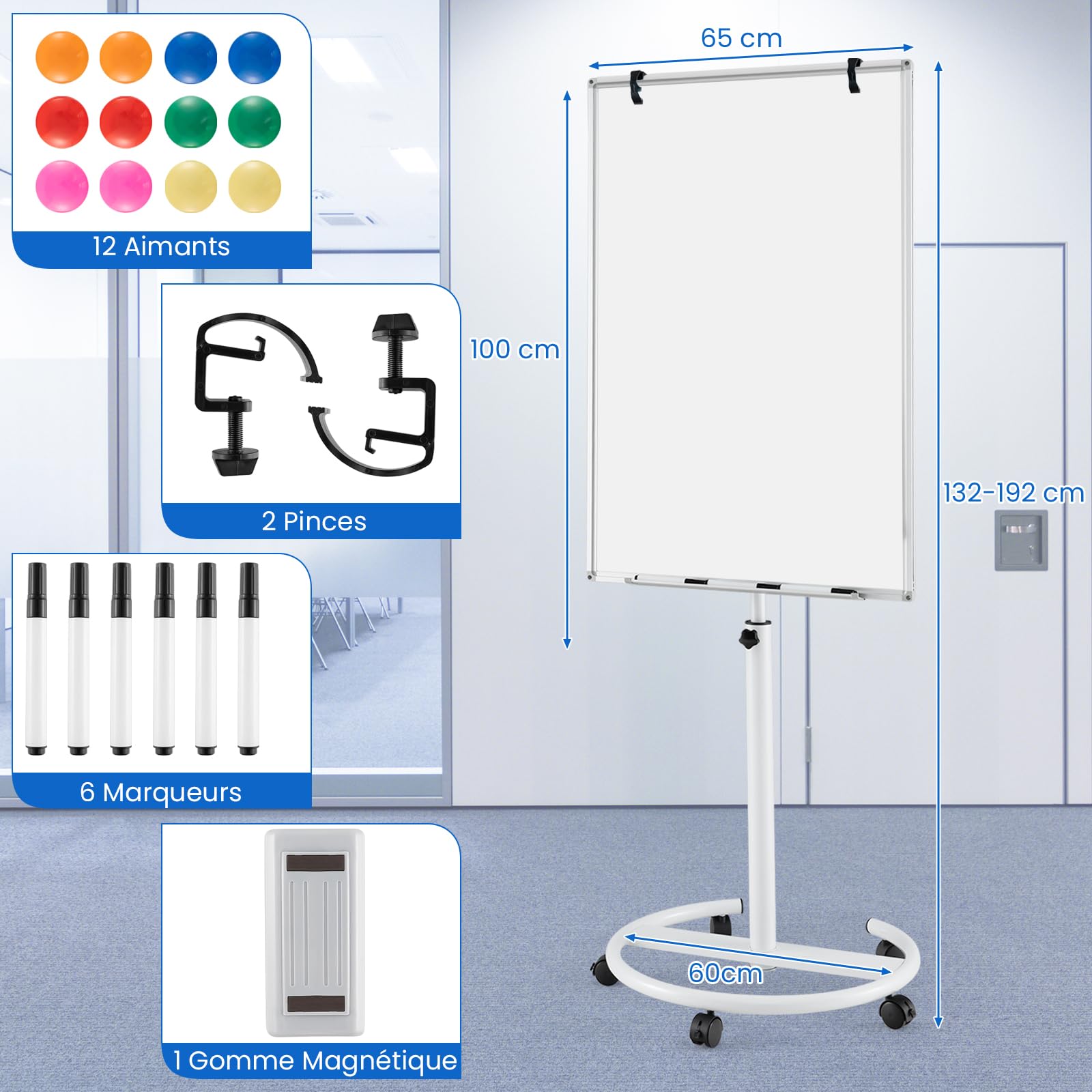 GOPLUS Pizarra blanca móvil magnética con altura ajustable, pizarra blanca giratoria de 360° con 4 ruedas, borrador, imanes, pizarra borradora, para escuela, oficina (blanca|base redonda, 65 x 100 cm)