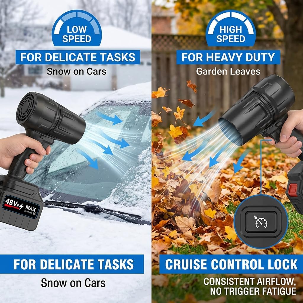 Cordless Snow Blower Electric Cordless Leaf Blower, High Power Battery Operated Handheld Blower for Snow Removal, Lawn Care, Patio Cleaning, Lightweight Air Blower with Long Runtime