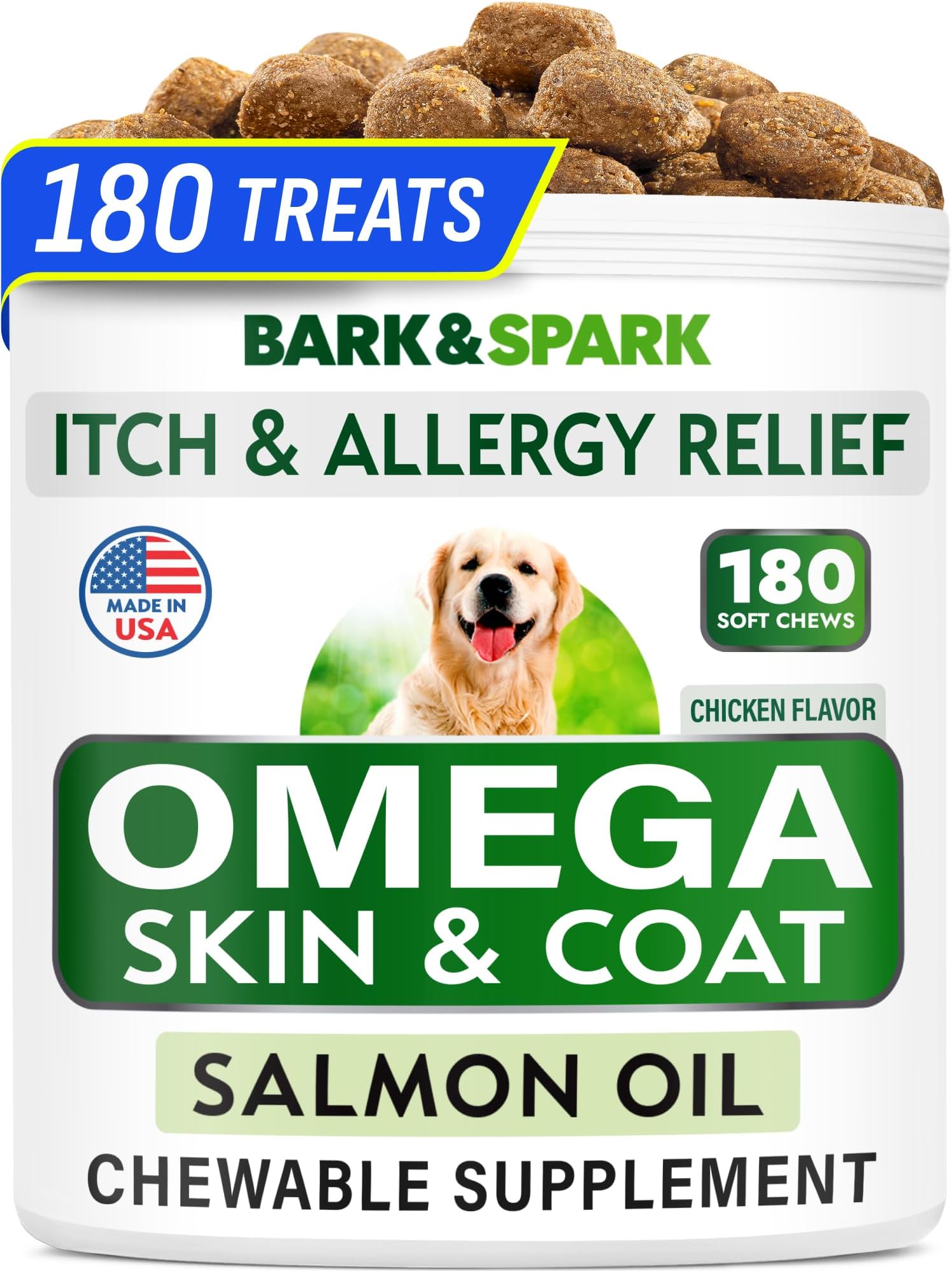 BARK&SPARK Omega 3 for Dogs - 180 Fish Oil Treats for Dog Shedding, Skin Allergy, Itch Relief, Hot Spots Treatment - Joint Health - Skin and Coat Supplement - EPA & DHA Fatty Acids - Salmon Oil