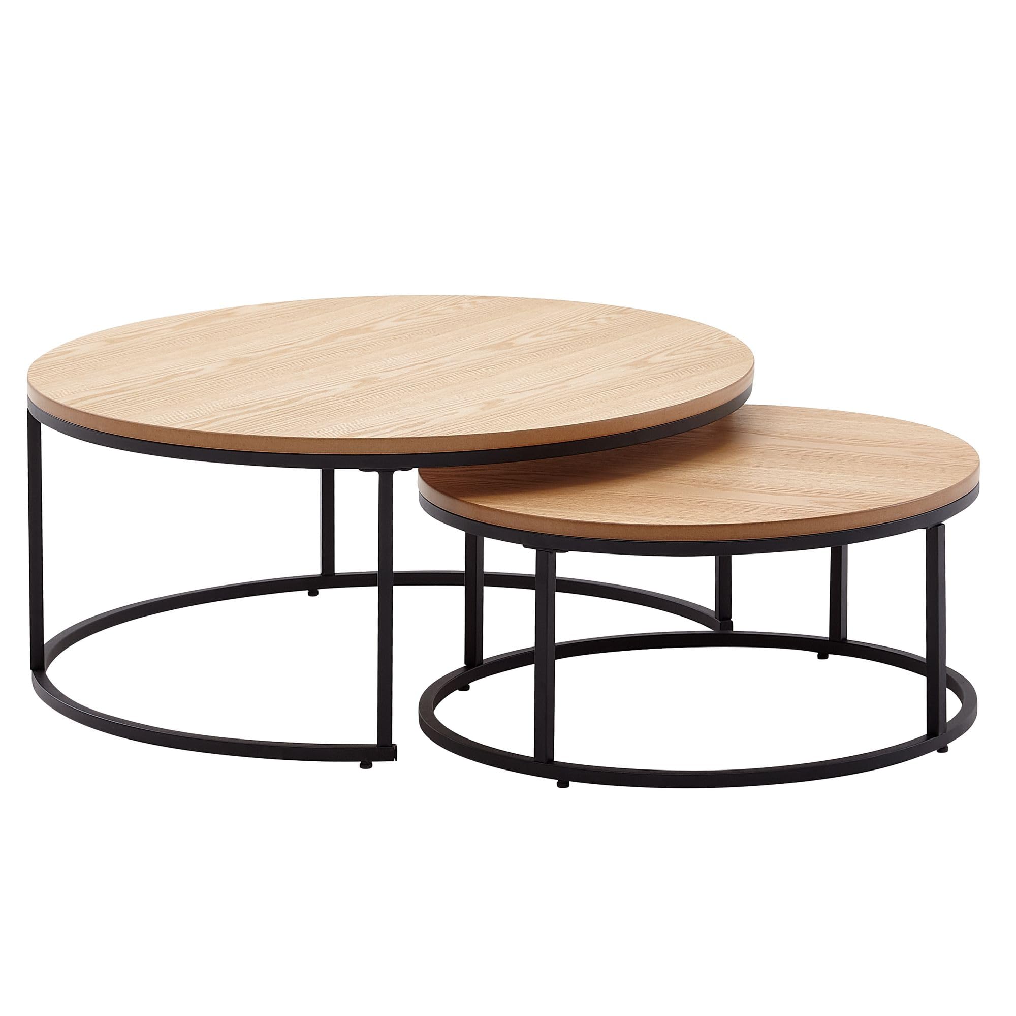 HOJINLINERO Round Coffee Table, Nesting Table Set of 2, Center Tables for Living Room, Office, Home Small Space, Stackable Side Tables, Sturdy and Easy Assembly, Wooden Desktop, Brown, Large