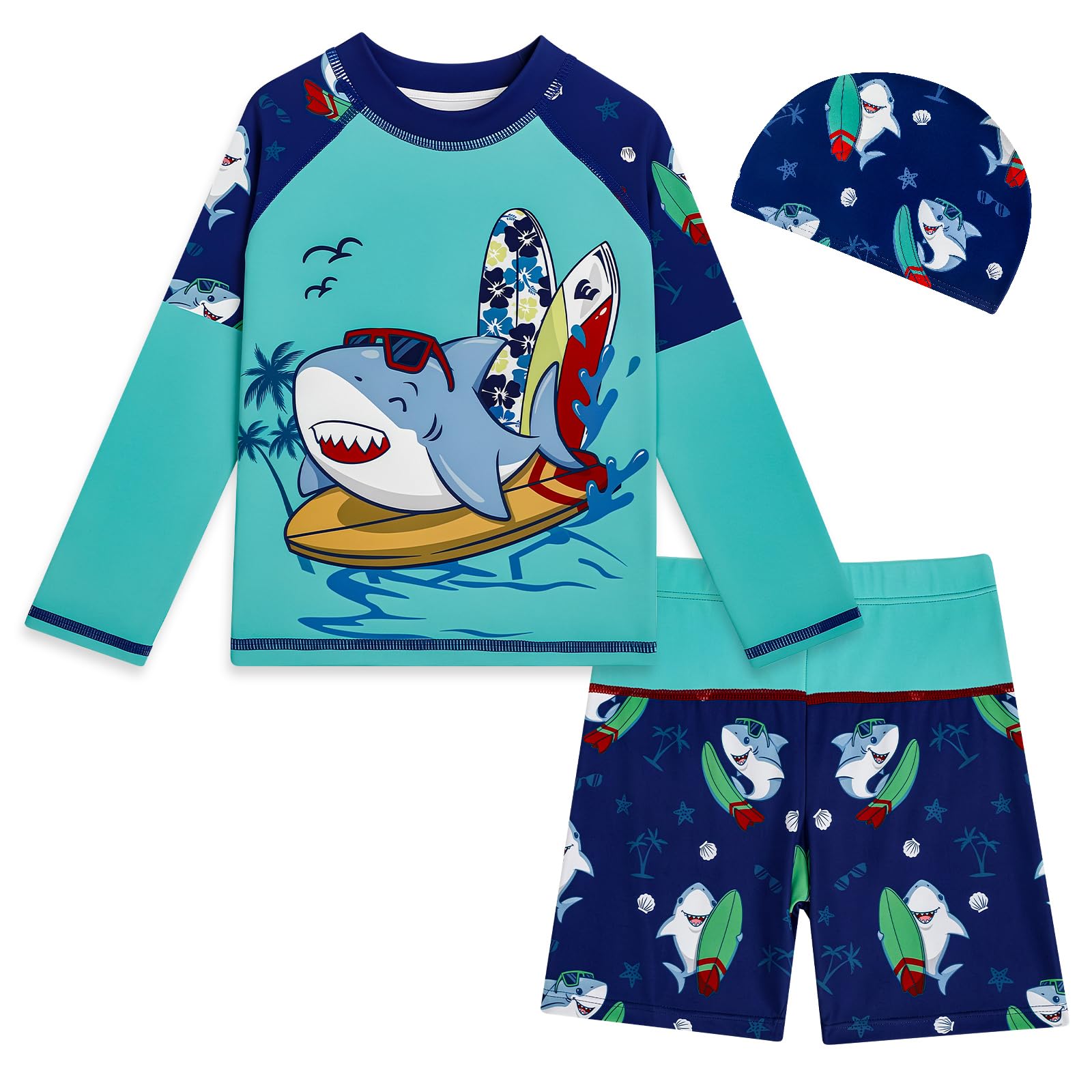 MASOCIO Bañador UV para niños UPF50+ protección solar, 3 piezas, camiseta de baño de manga larga, gorro de baño, set de baño para niños de secado rápido, talla 86-128