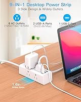 Vista 5 de Regleta de alimentación de enchufe plano, cable de extensión plano ultrafino de 10 pies con múltiples tomas, 6 tomas, 3 puertos USB (1 USB C)