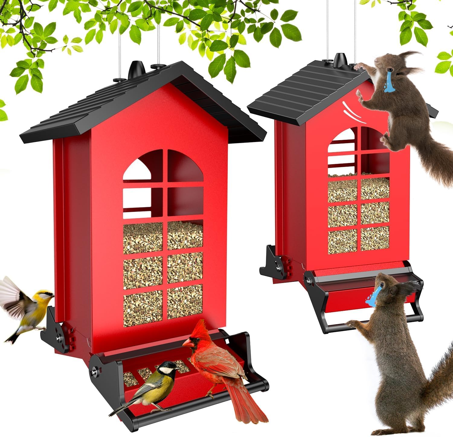 Wildpark Squirrel Proof Bird Feeder for Outdoors Hanging, 8LBS Metal Hanging Bird Feeder with Bilateral Weight-Activated Perches, Large Capacity Wild Bird Feeder - Squirrel Chewing Proof（Red）