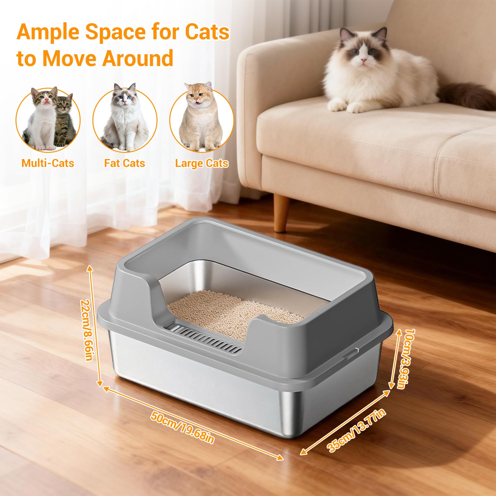 Bac à Litière Pour Chat En Inox Avec Pelle – Anti-Odeur, Parois Hautes Anti-Fuite, Nettoyage Facile, Taille XL, Pour Grands Chats Maine Coon Et Chatons - Gris, Dimensions : 50 x 35 x 22 cm
