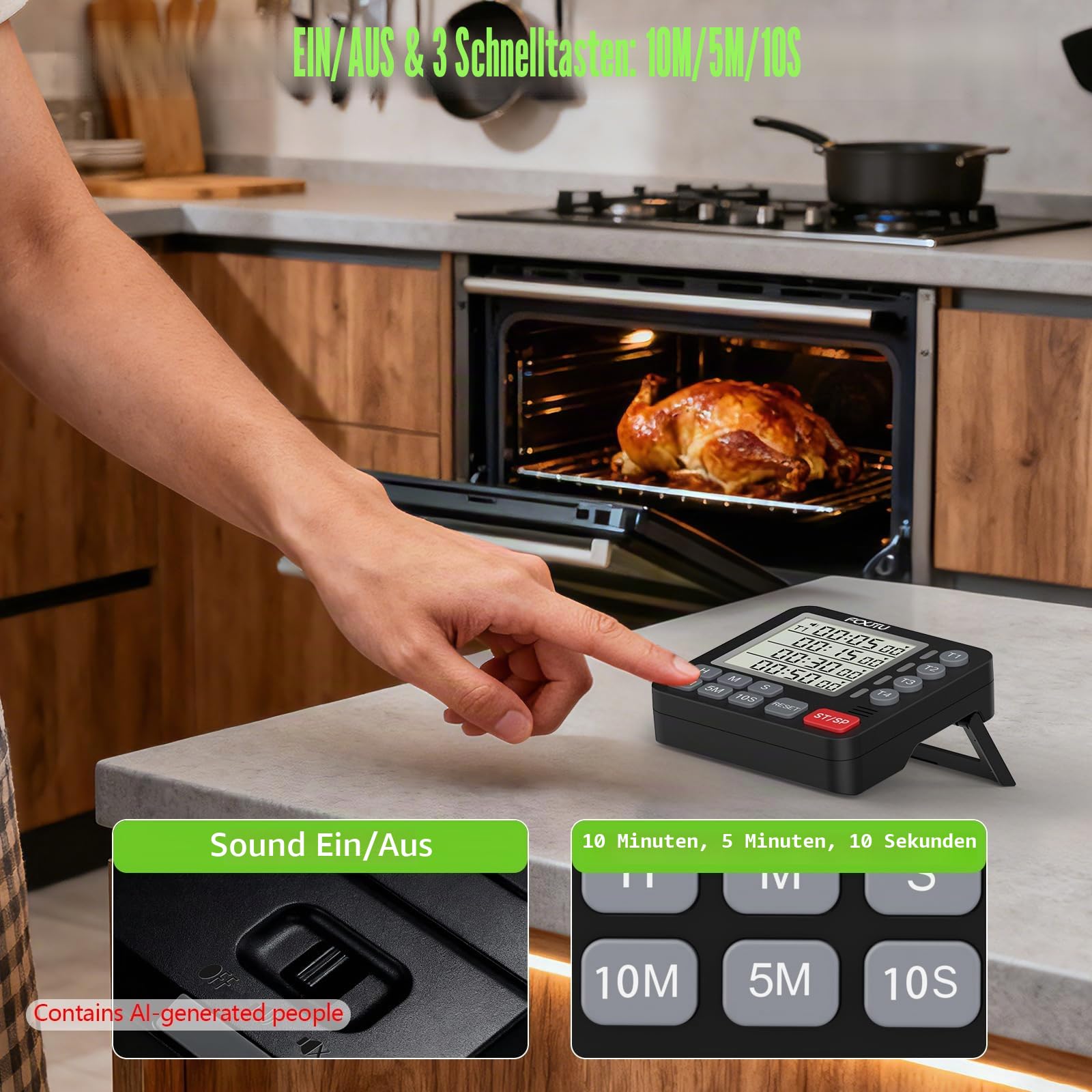 Digitaler Dual-Küchentimer, 4-K-Magnetischer Countdown-Timer zum Kochen, Ein/Aus, Großer Display, Mehrfach-Lebensmittel-Lautalarm, Leise für Klassenzimmer, Senioren, Batterie inklusive