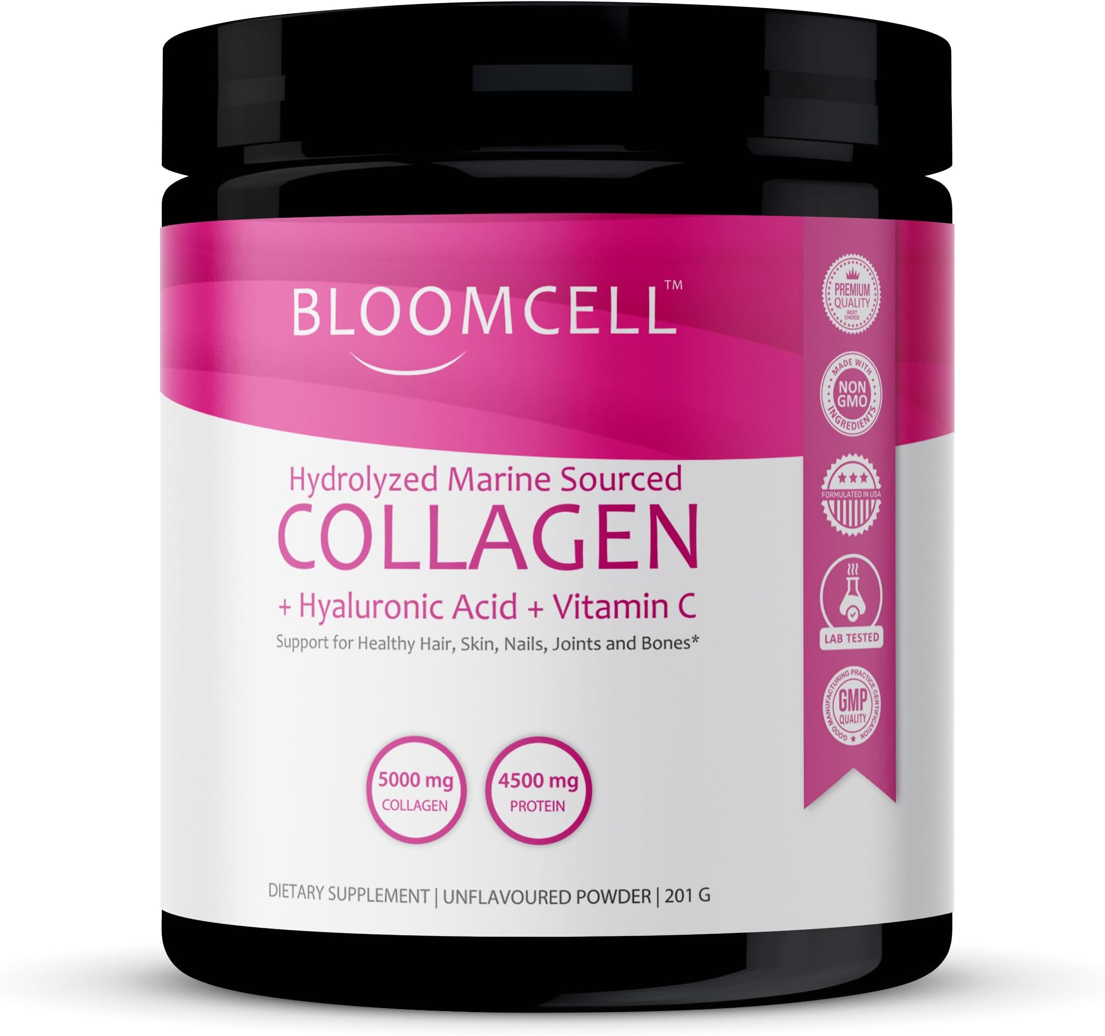 Marine Sourced Collagen + Hyaluronic Acid + Vitamin C Powder- 201g (Unflavored) | Hydrolyzed Peptides Type I & III | Supports Skin, Hair, Nails, Joint & Bone Health | Non-GMO