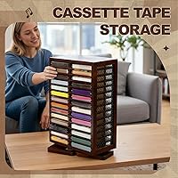 Vista 7 de Ripeng Soporte de cinta de casete, Almacenamiento de cassette giratorio de capacidad 56, Estante de almacenamiento de torre de CD marrón de 360